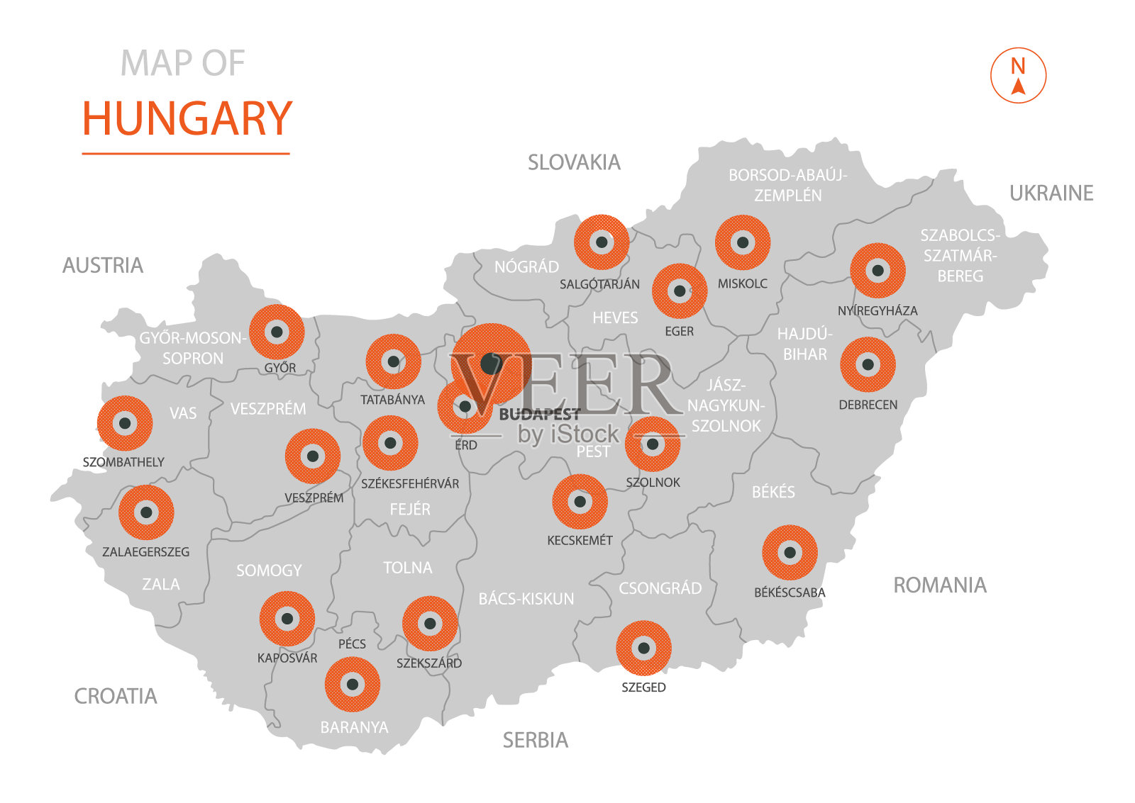 匈牙利地图与行政区划。插画图片素材