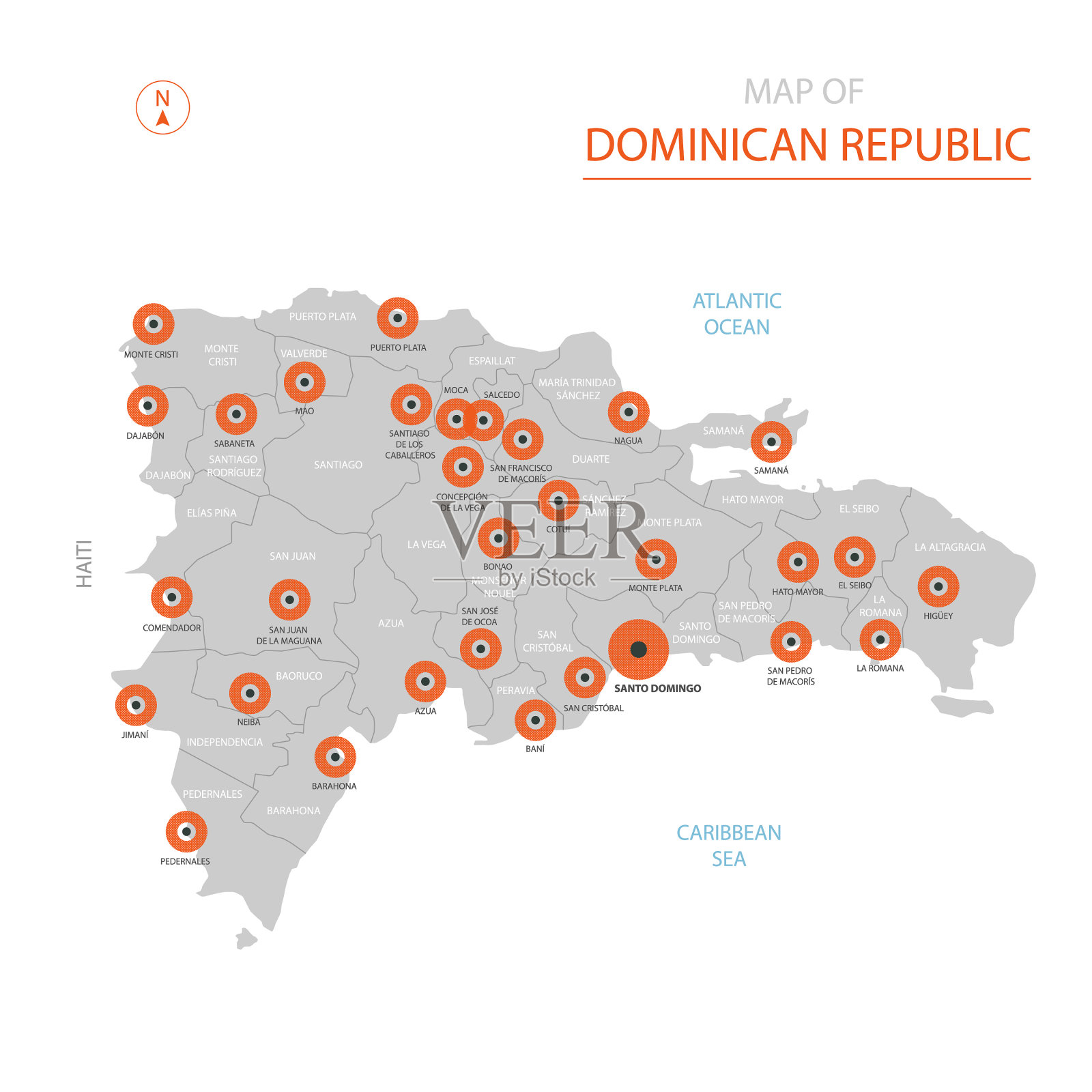 多米尼加共和国地图与行政区划。插画图片素材