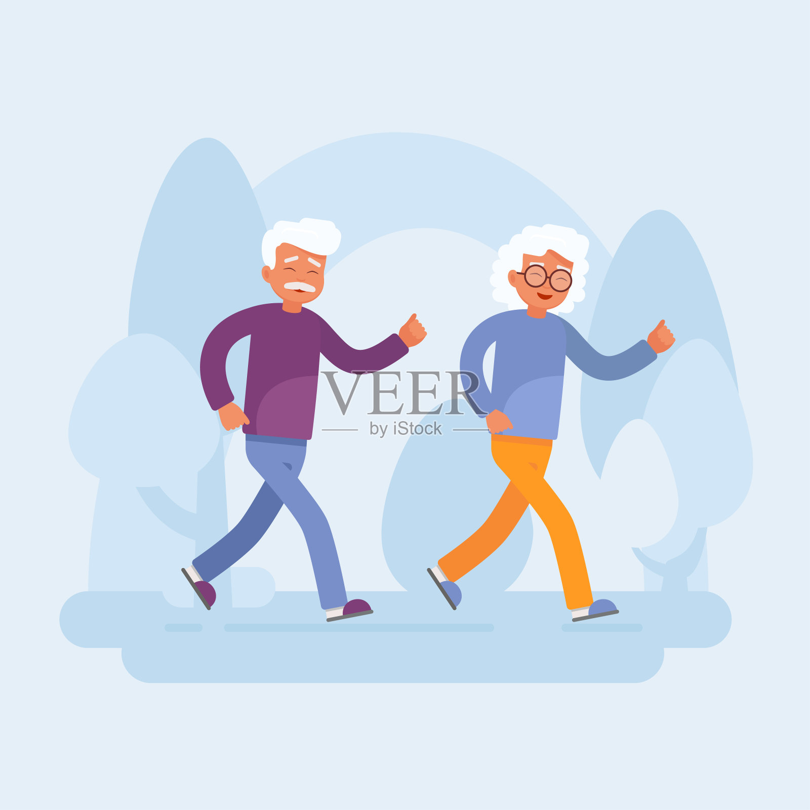 快乐的老年夫妇在公园里跑步。插画图片素材