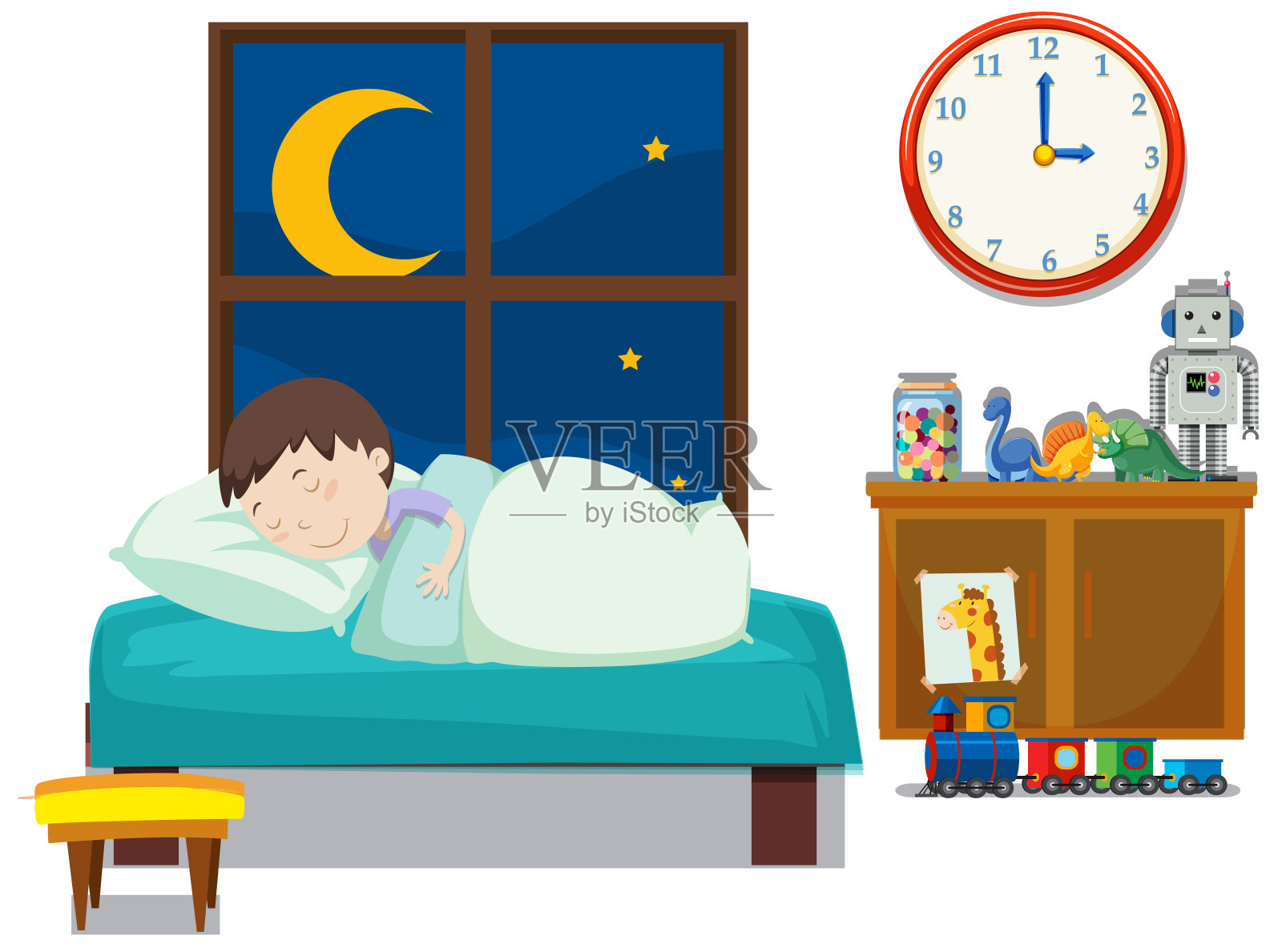 一个男孩在卧室睡觉插画图片素材