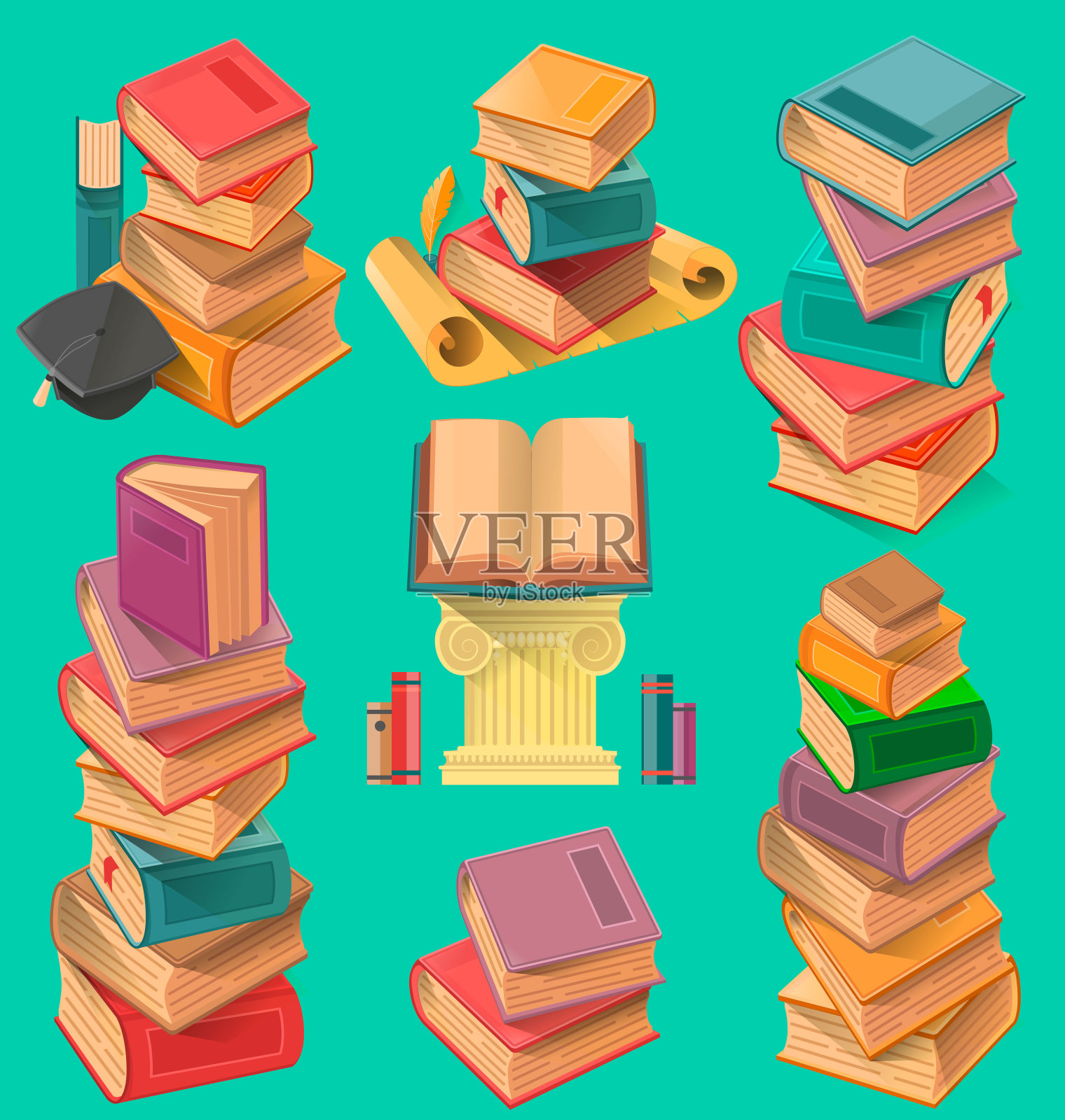一套书籍书堆在平面设计矢量插图插画图片素材