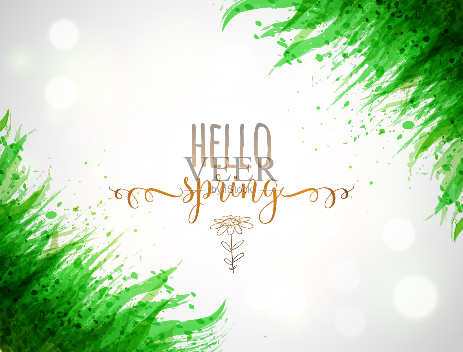 排版排版与你好春天的文字和绿色的草在白色发光的背景插画图片素材