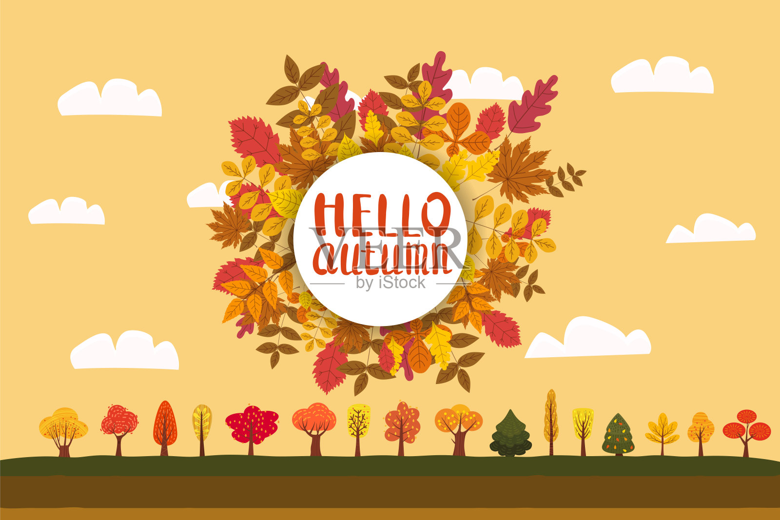 你好秋天，背景与落叶，黄色，橙色，棕色，秋天，字母，模板海报，横幅，矢量，孤立插画图片素材