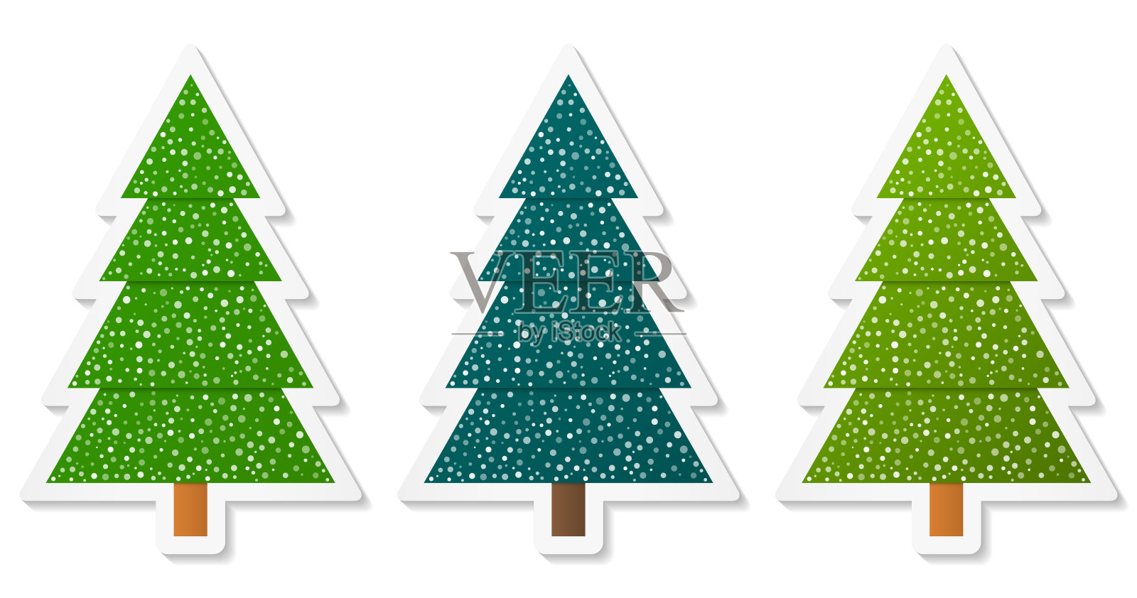 一套抽象的几何针叶树贴纸与雪。三种深浅的绿色。设计元素图片