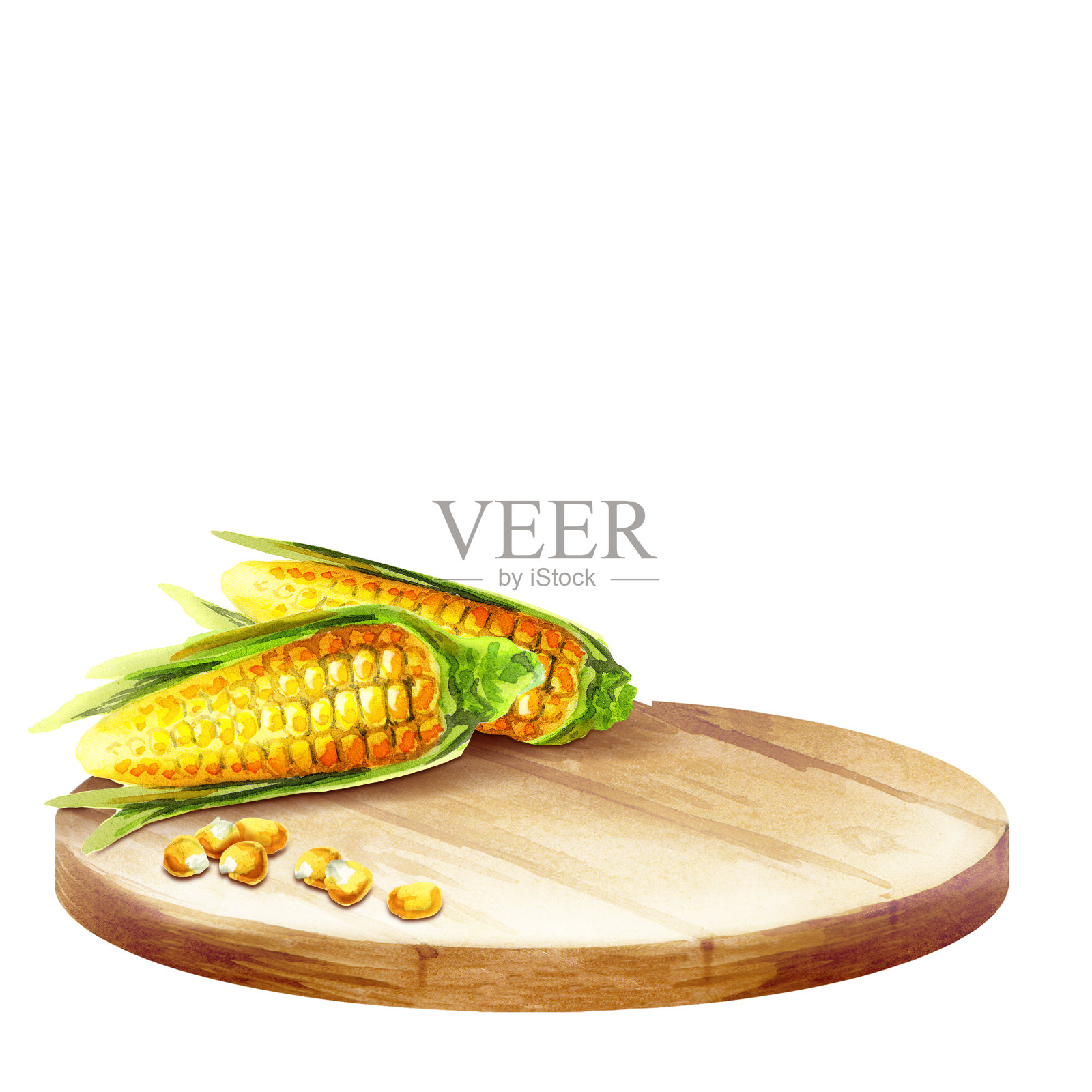 背景与浅盘和玉米。水彩插画图片素材