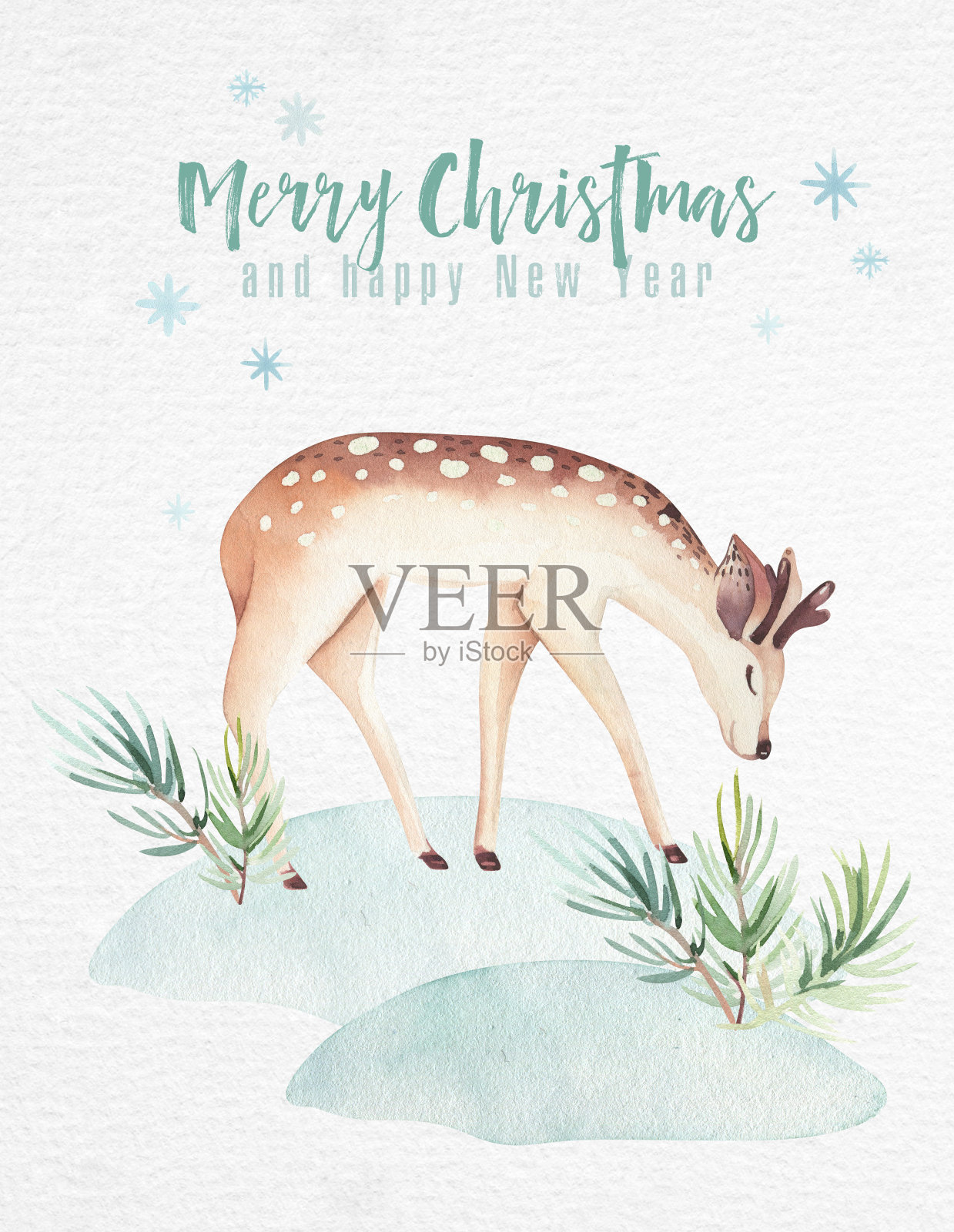 水彩圣诞快乐插画雪人，节日可爱的动物鹿，兔子。庆祝圣诞卡片。冬季新年设计。插画图片素材