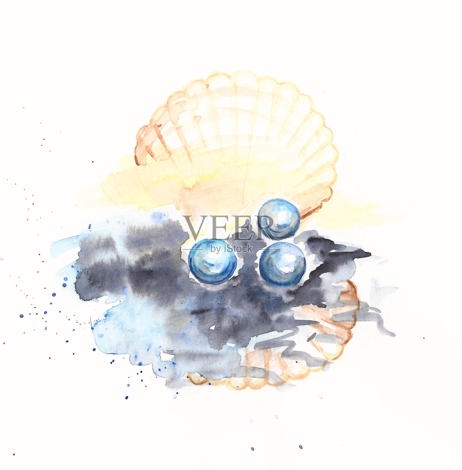 水彩珍珠在海贝壳与海洋水的效果插画图片素材