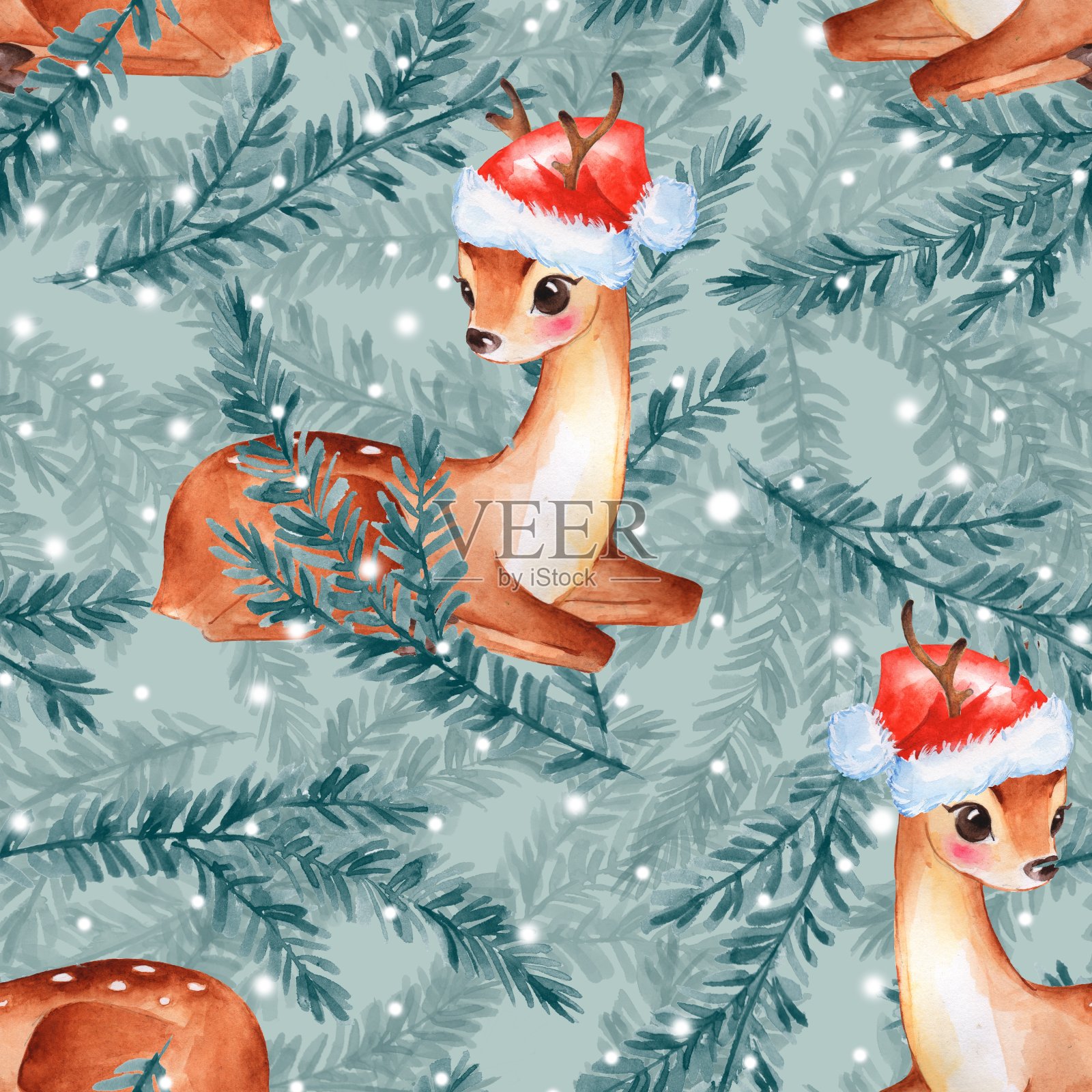 圣诞图案与小鹿和冷杉树插画图片素材
