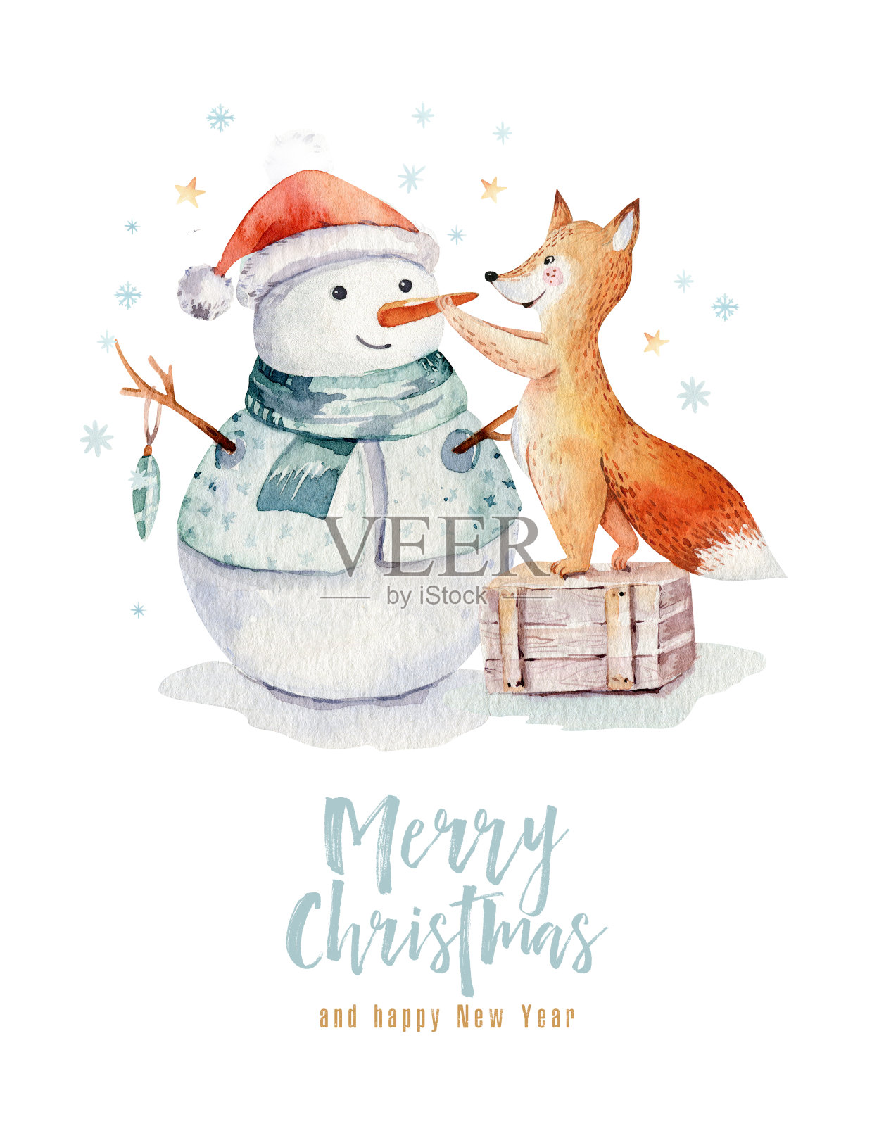 水彩金色圣诞快乐插图雪人，圣诞树，节日可爱的动物狐狸，兔子和刺猬。庆祝圣诞卡片。冬季新年设计。插画图片素材