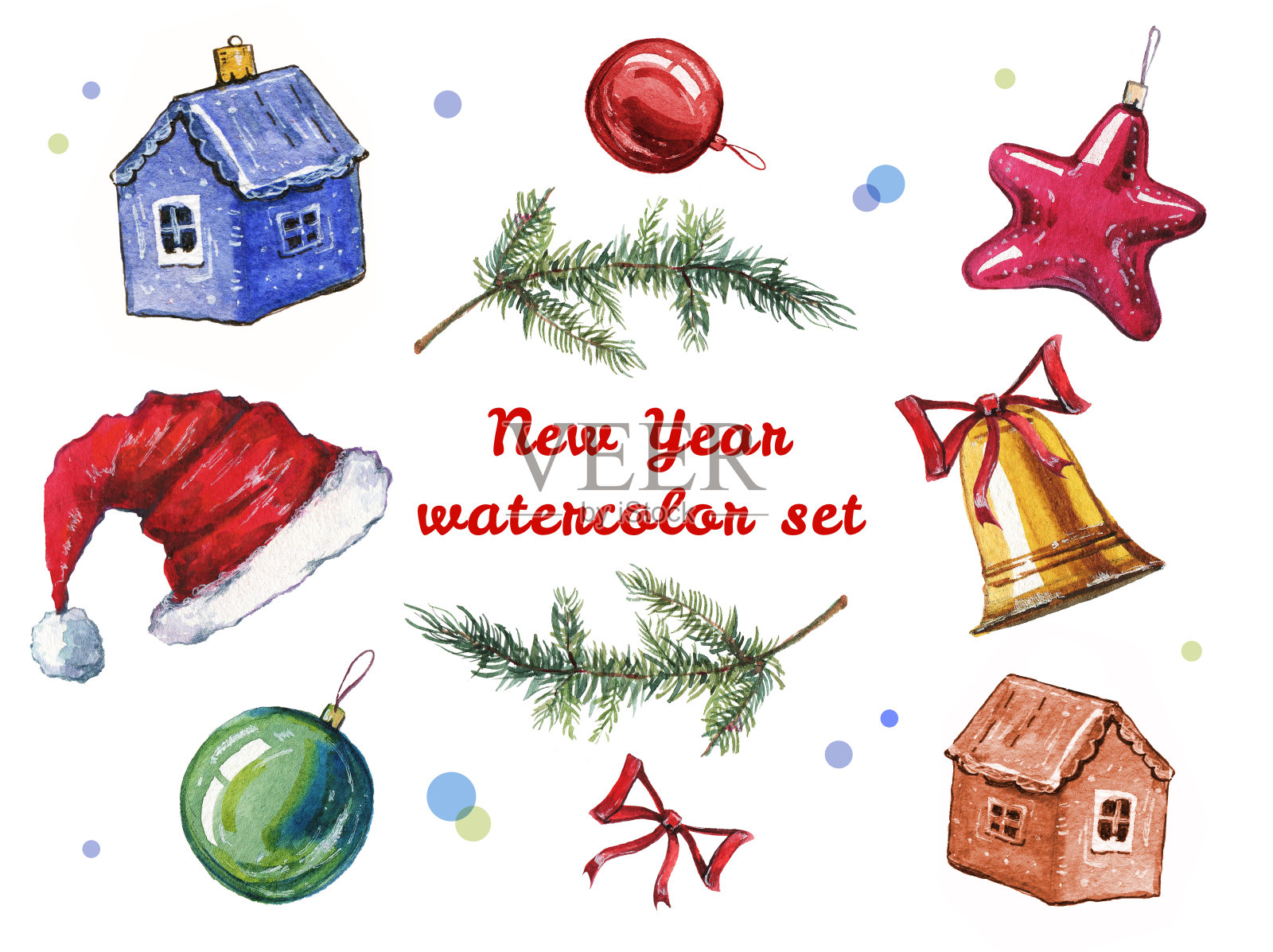 手绘水彩插图一套新年和圣诞节装饰。玩具和冷杉树枝插画图片素材