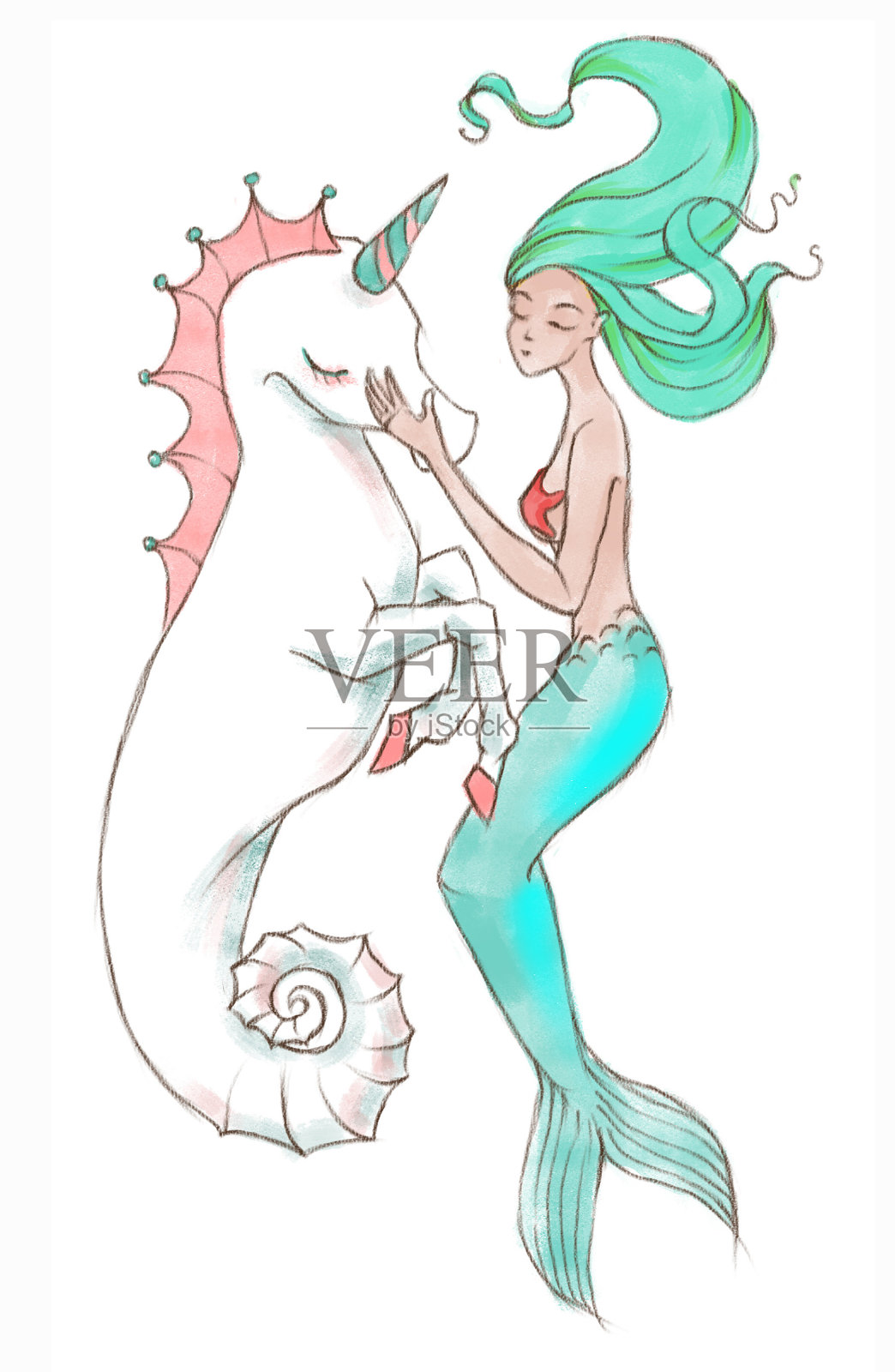手绘美丽的美人鱼人物和海马独角兽插图插画图片素材