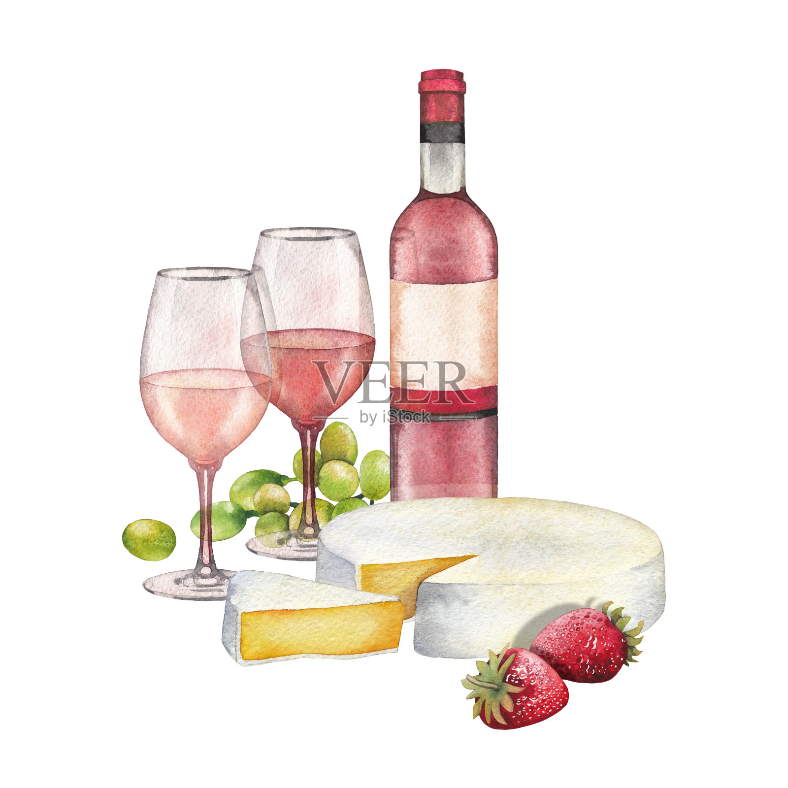 水彩酒杯和酒瓶装饰赢奶酪、草莓和葡萄插画图片素材