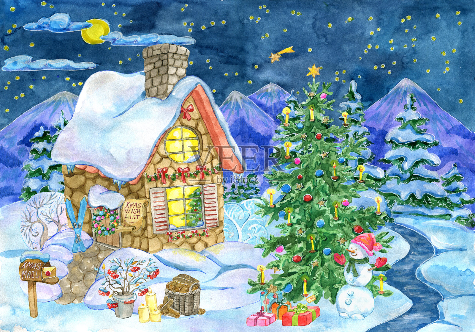 圣诞和新年贺卡装饰松柏和美丽的小屋插画图片素材