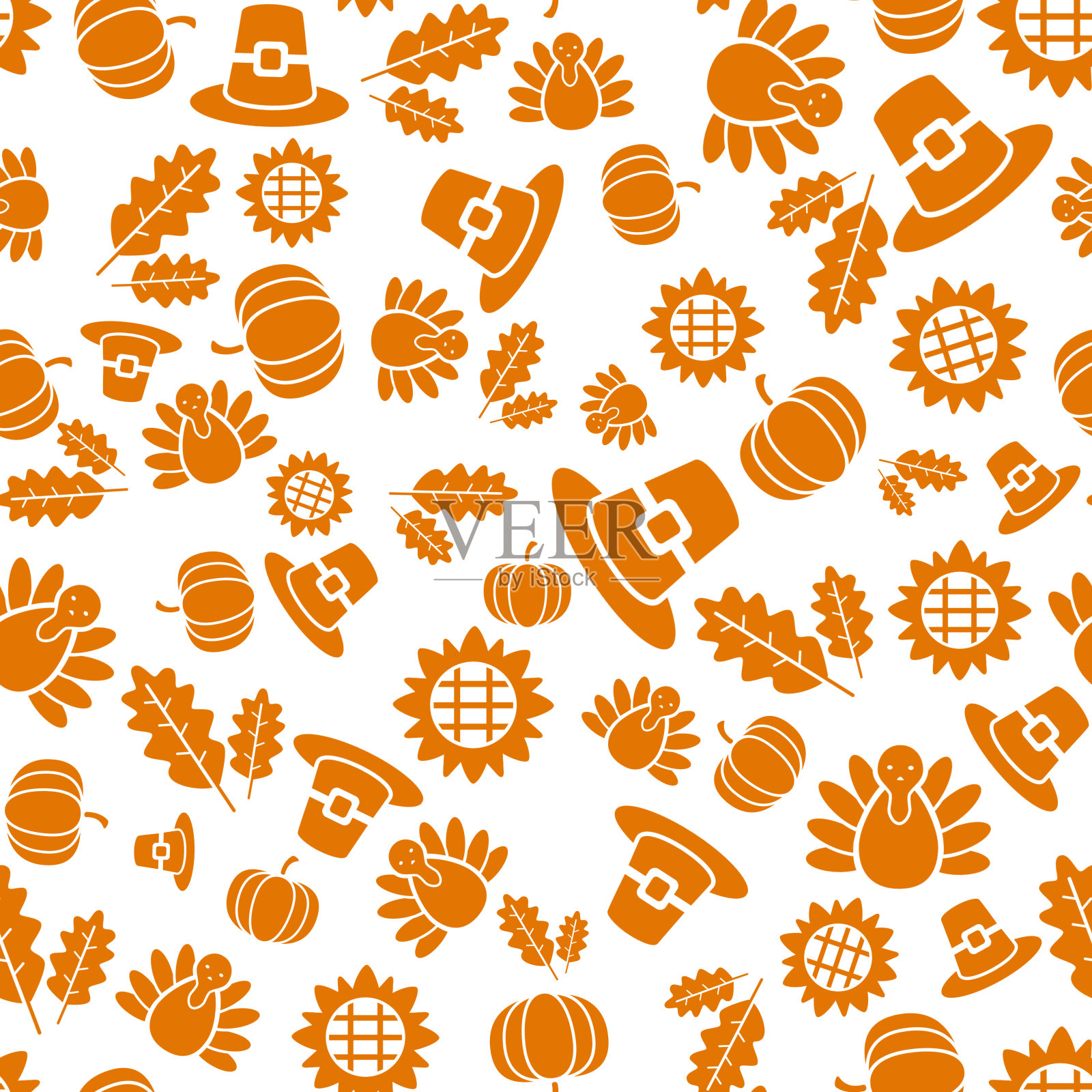 秋天的感恩节橙色和白色无缝图案与火鸡，南瓜，树叶插图。插画图片素材