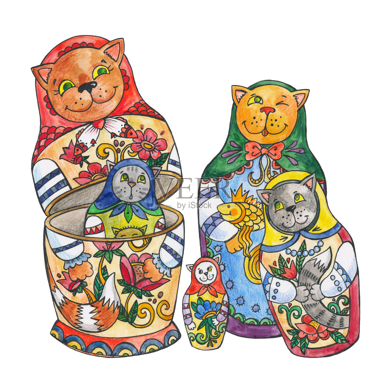 孤立的插图猫-娃娃，家庭猫，母亲和女儿。Matreshka以猫的形式出现。俄罗斯的木制玩偶插画图片素材