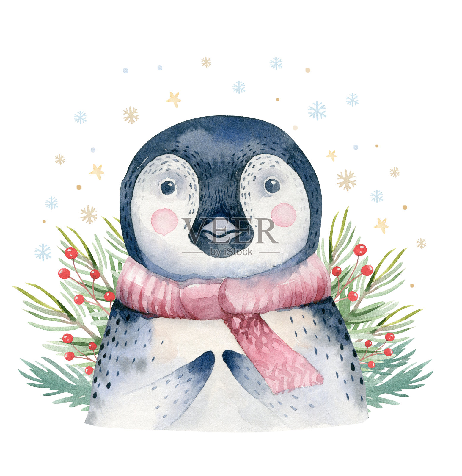 水彩可爱小企鹅卡通动物肖像设计。白色背景上的冬季节日卡片。新年装饰，圣诞快乐元素插画图片素材