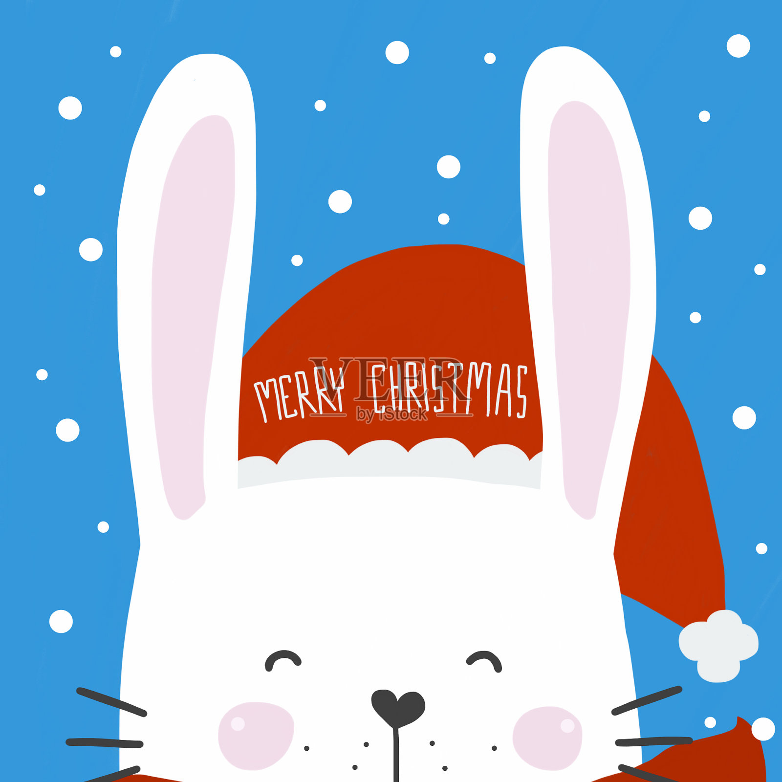 可爱的小白兔戴着圣诞快乐的帽子，水彩画插图插画图片素材
