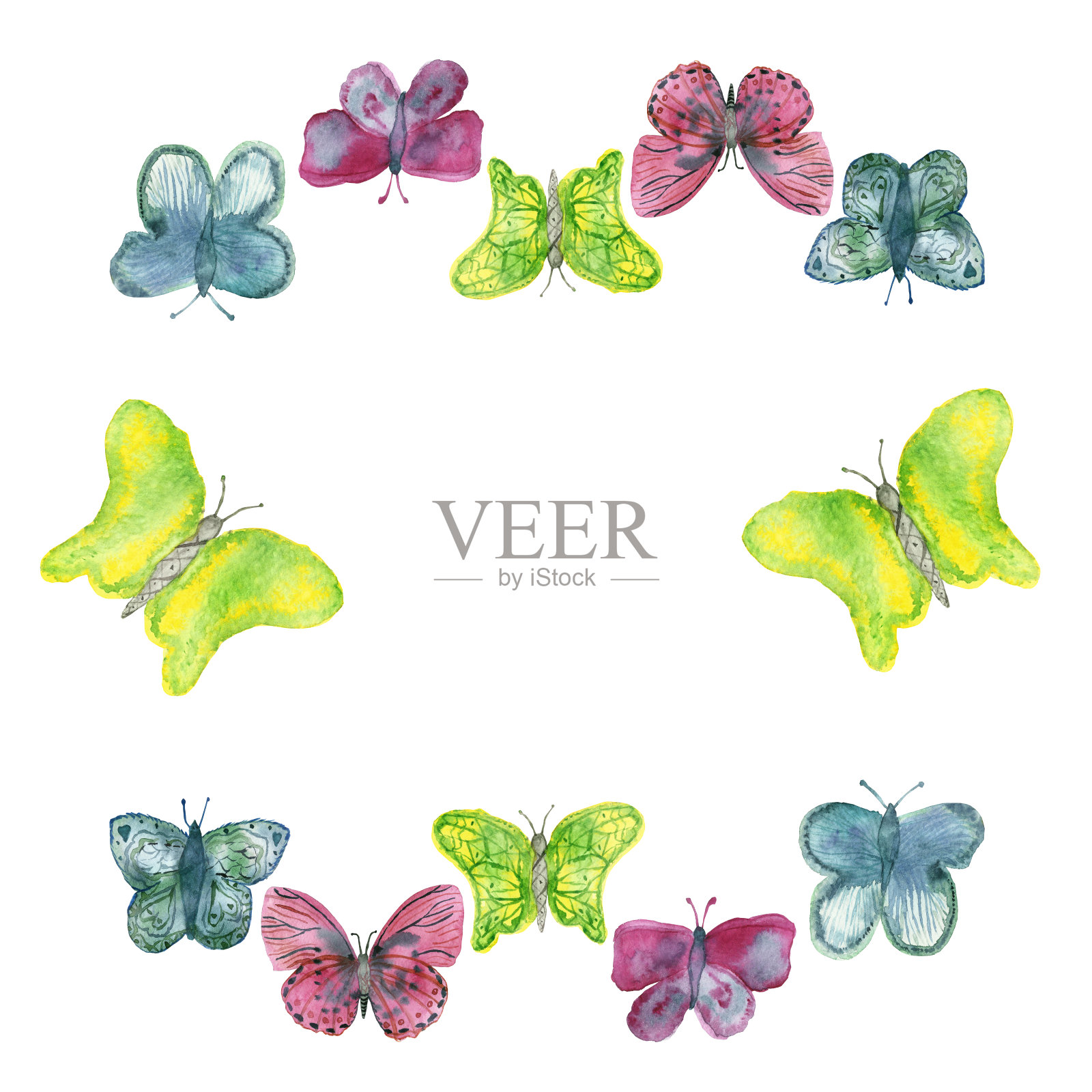 圆形的水彩框架明亮的彩色蝴蝶孤立在白色的背景设计元素图片