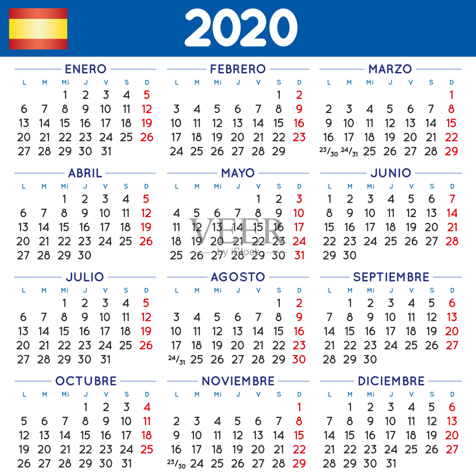 2020年平方日历西班牙周从周一开始插画图片素材