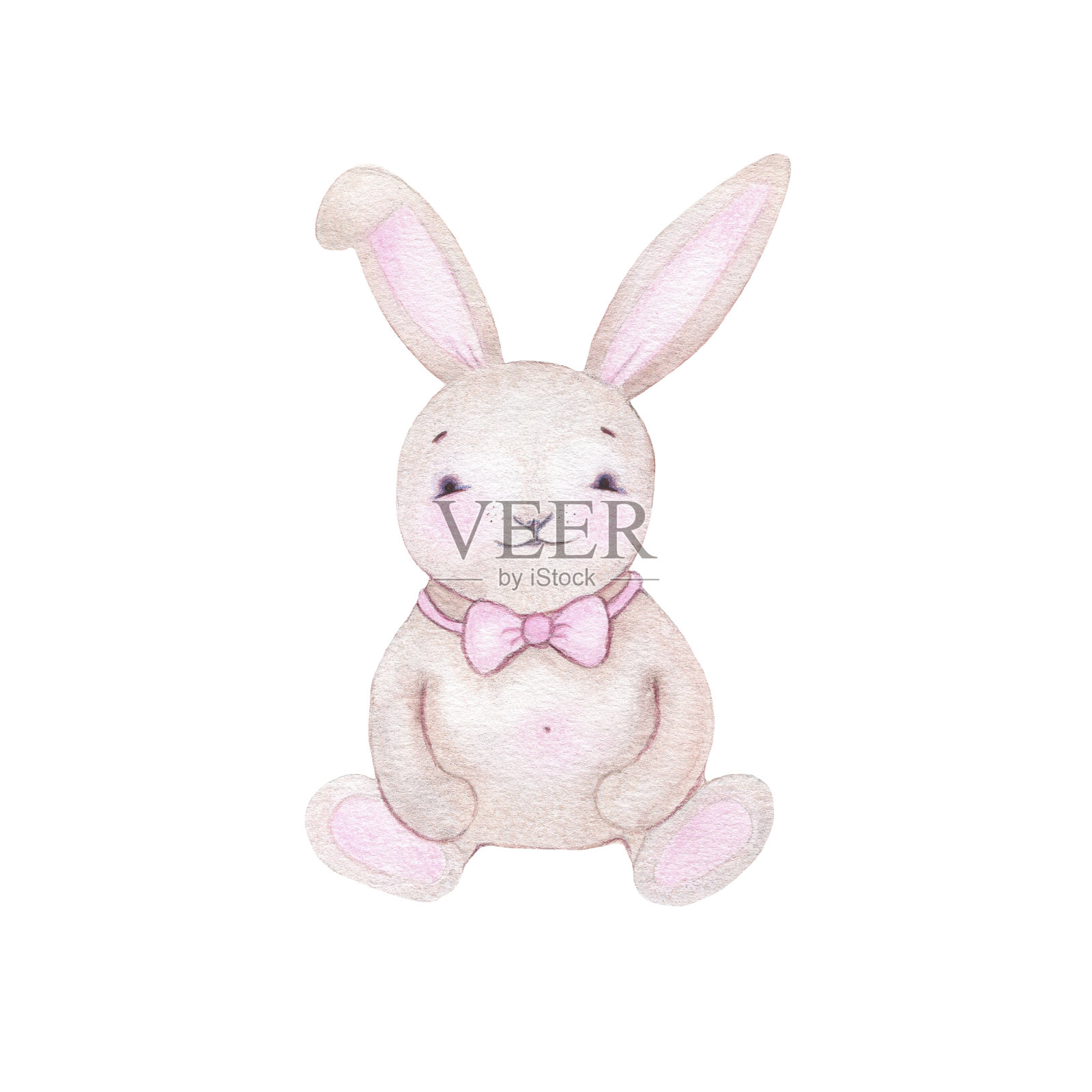 水彩可爱的兔子兔子与蝴蝶结孤立在白色的背景设计元素图片