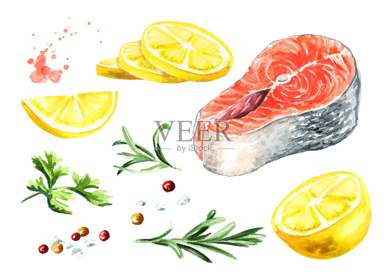 三文鱼片配柠檬，迷迭香和香料。水彩手绘插图孤立的白色背景插画图片素材