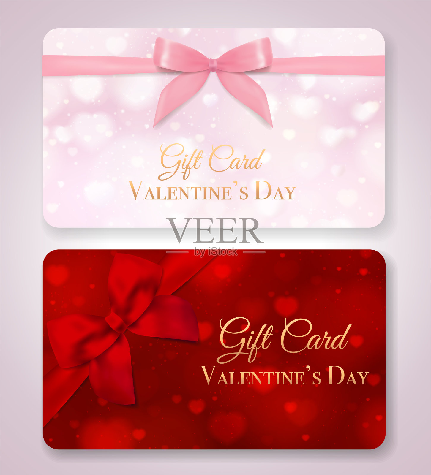 礼品卡与红色的心形背景和蝴蝶结，粉红色的丝带插画图片素材