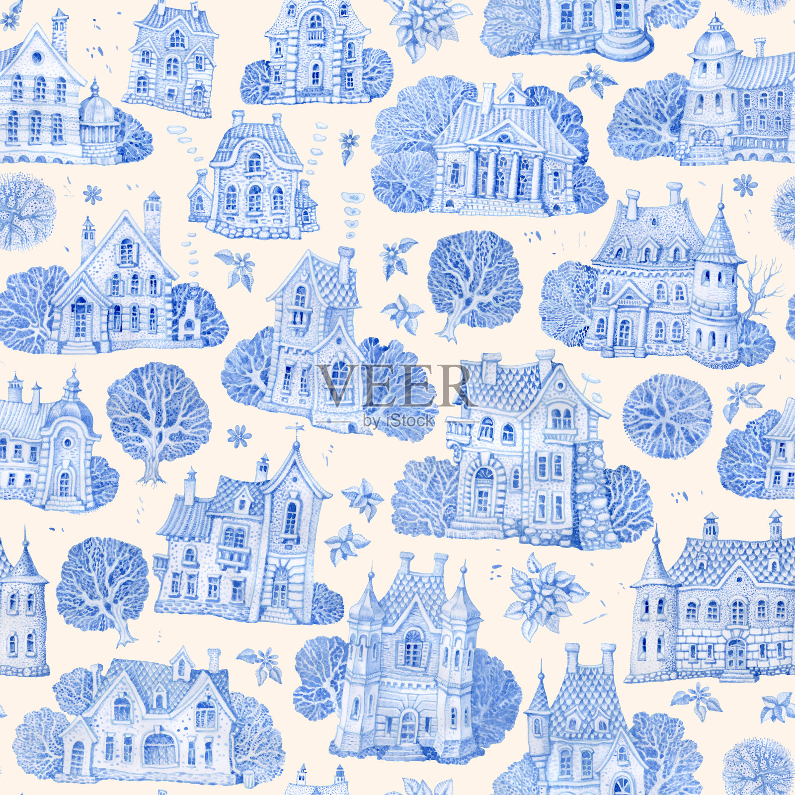 从幻想建筑和树木无缝模式。手绘蓝色水彩童话老城房子孤立在浅米色背景。墙纸,包装纸插画图片素材