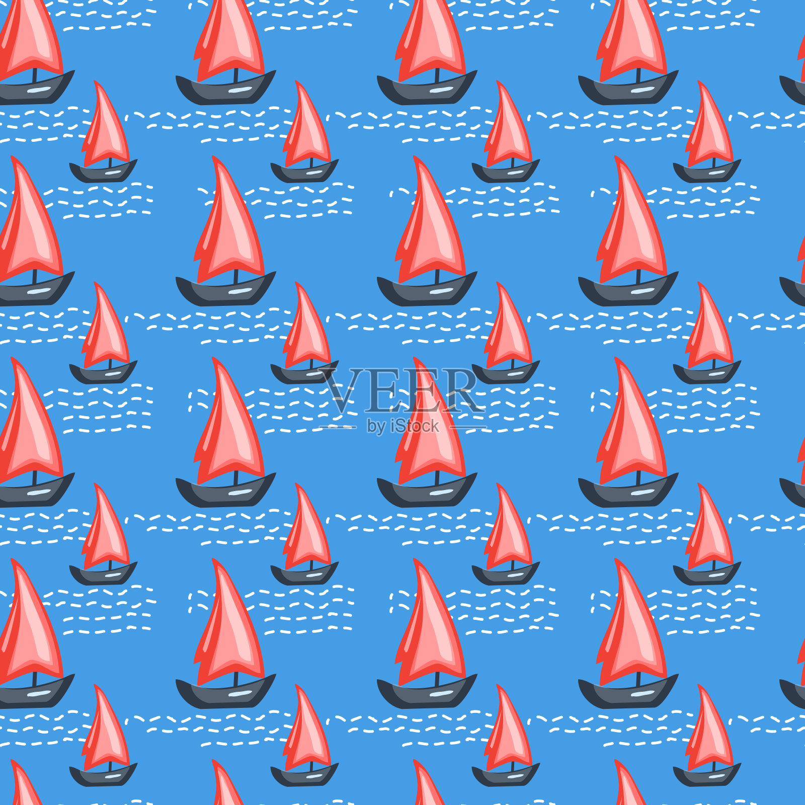 海洋无缝矢量图案，卡通帆船上的波浪插图孤立在蓝色背景上，夏季装饰纹理，海洋背景与红色游艇，设计为纺织品，色彩丰富的织物插画图片素材