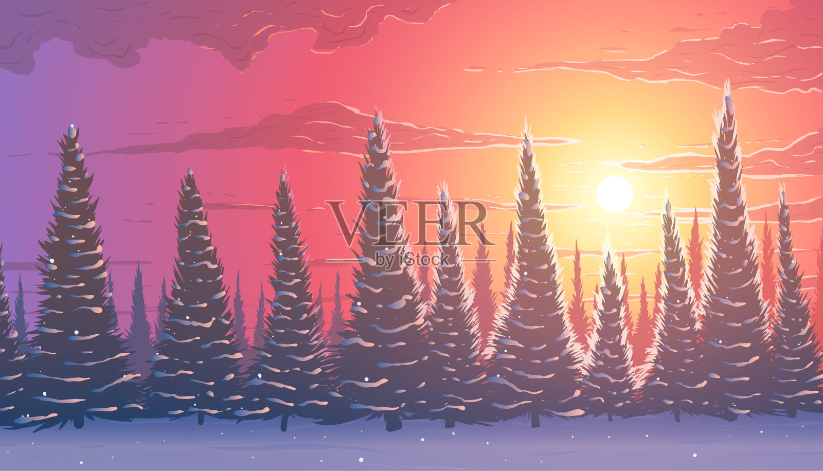 冬季背景向量。日落时，松树在雪中成林。插画图片素材