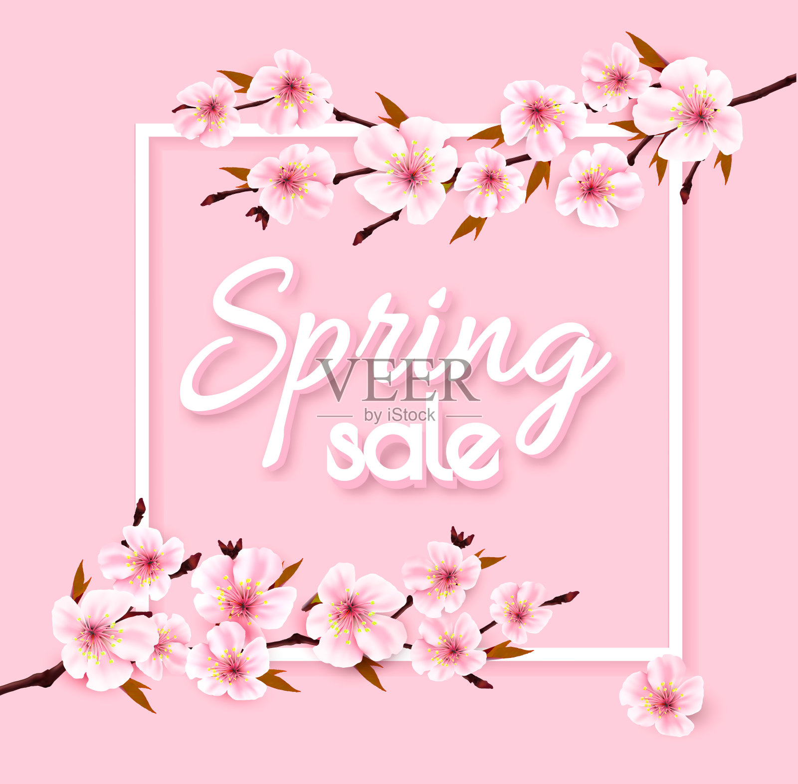 春季销售背景为粉红色盛开的樱花。向量插画图片素材