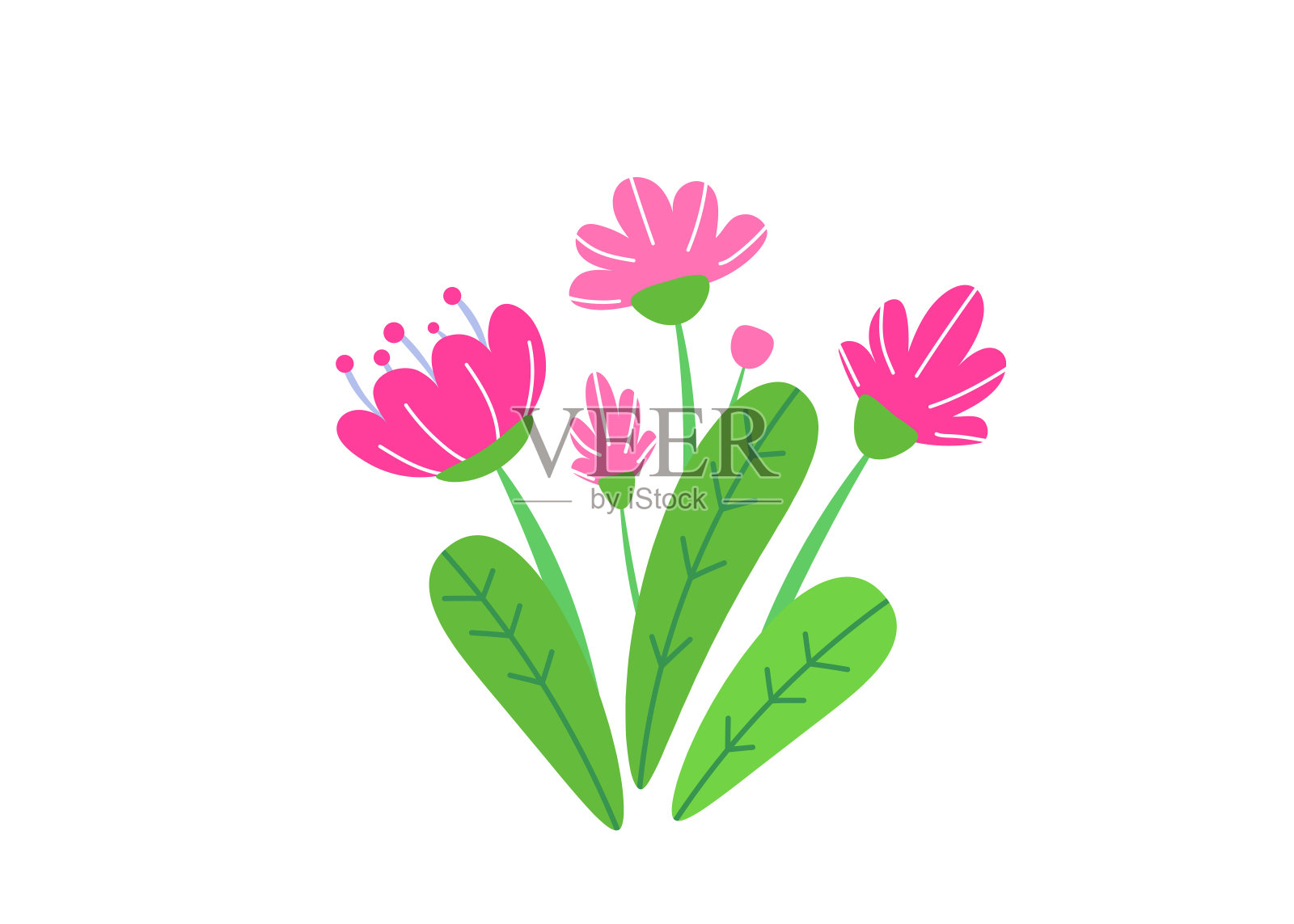 简单的花束向量与春天花园盛开的鲜花插图。时尚的花，春天的自然植物元素孤立在白色的背景在最小的风格插画图片素材