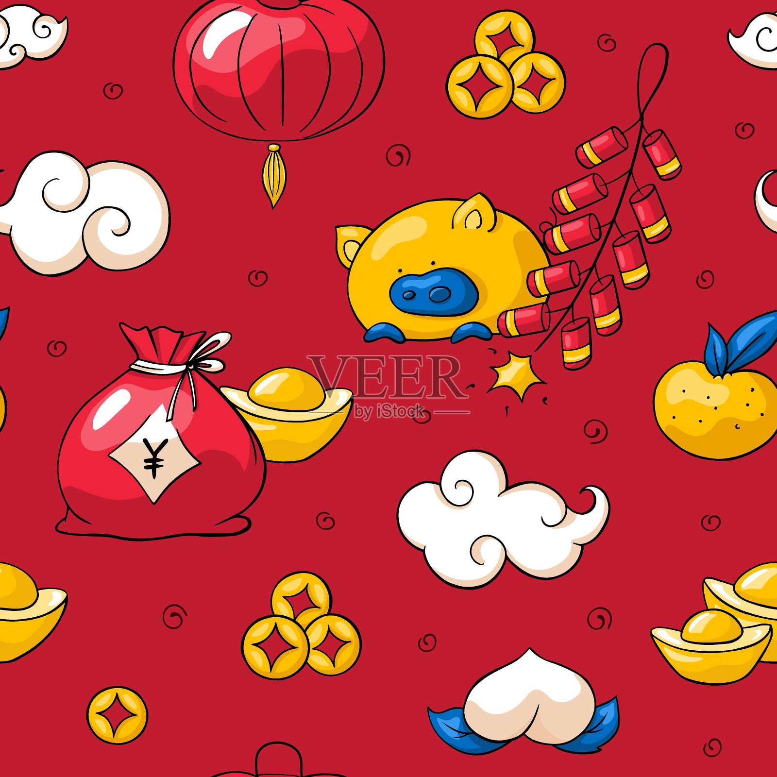 2019年中国新年图案在红色背景涂鸦风格。插画图片素材