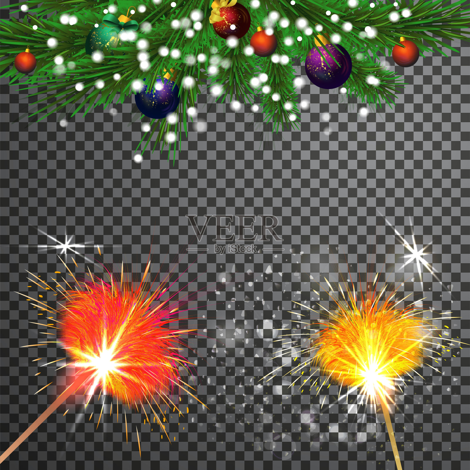 圣诞树的树枝上有五颜六色的球和闪光插画图片素材