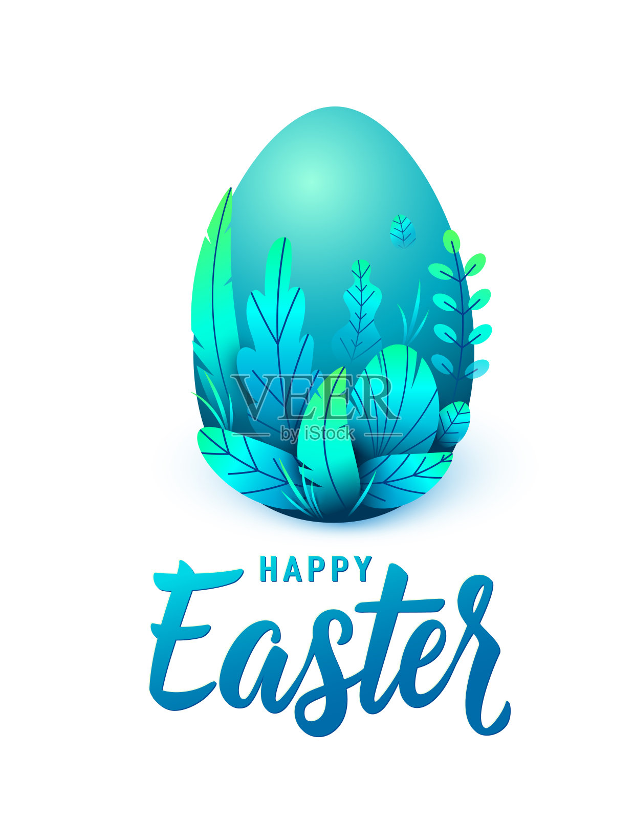 复活节快乐卡，大3d蛋和春叶。文字标志为问候假日背景。孤立在白色的。矢量图设计模板素材