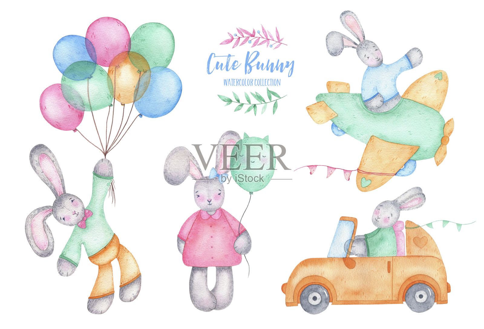 水彩画快乐复活节可爱的兔子与汽车和飞机上的气球插画图片素材