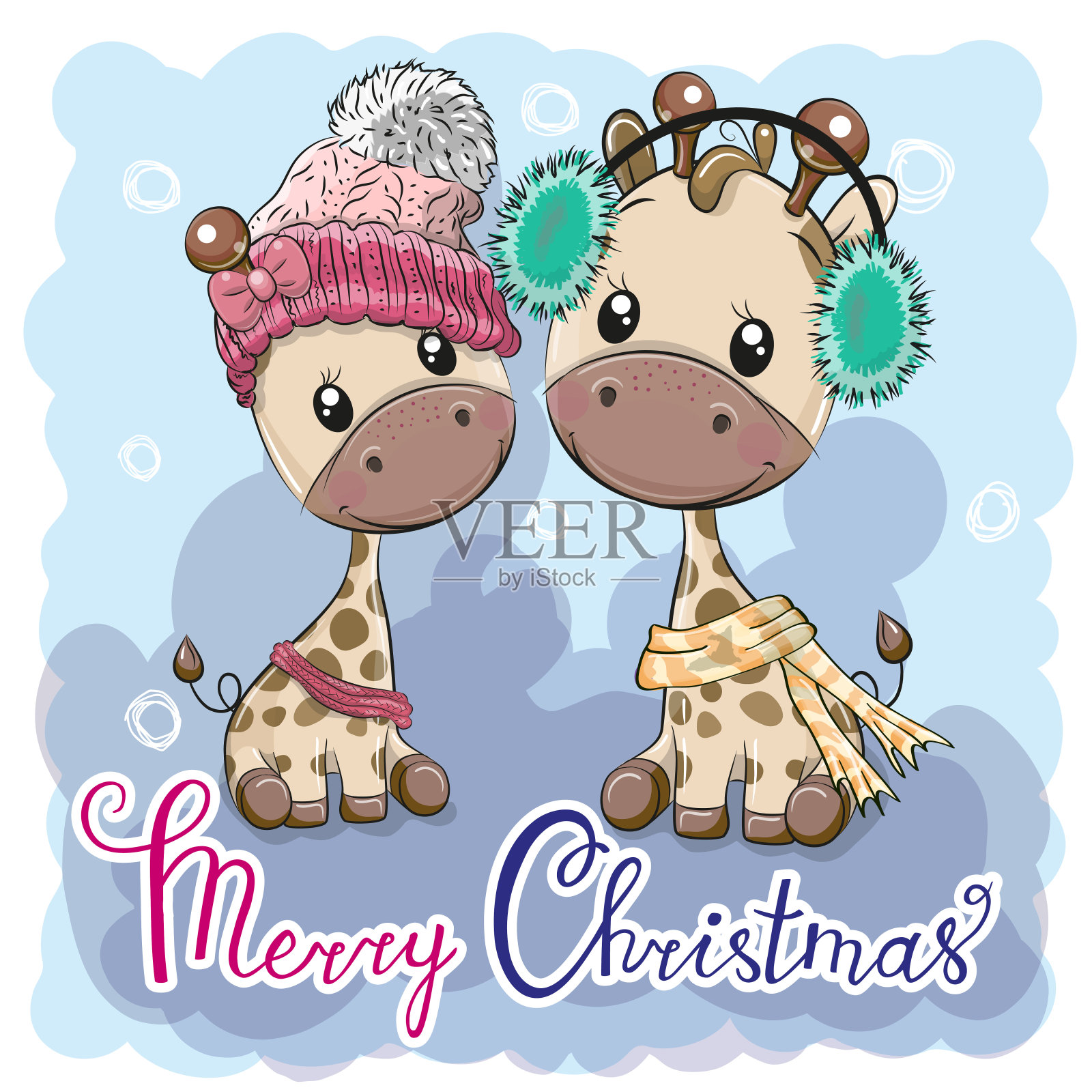 可爱的冬季插画长颈鹿男孩和女孩插画图片素材