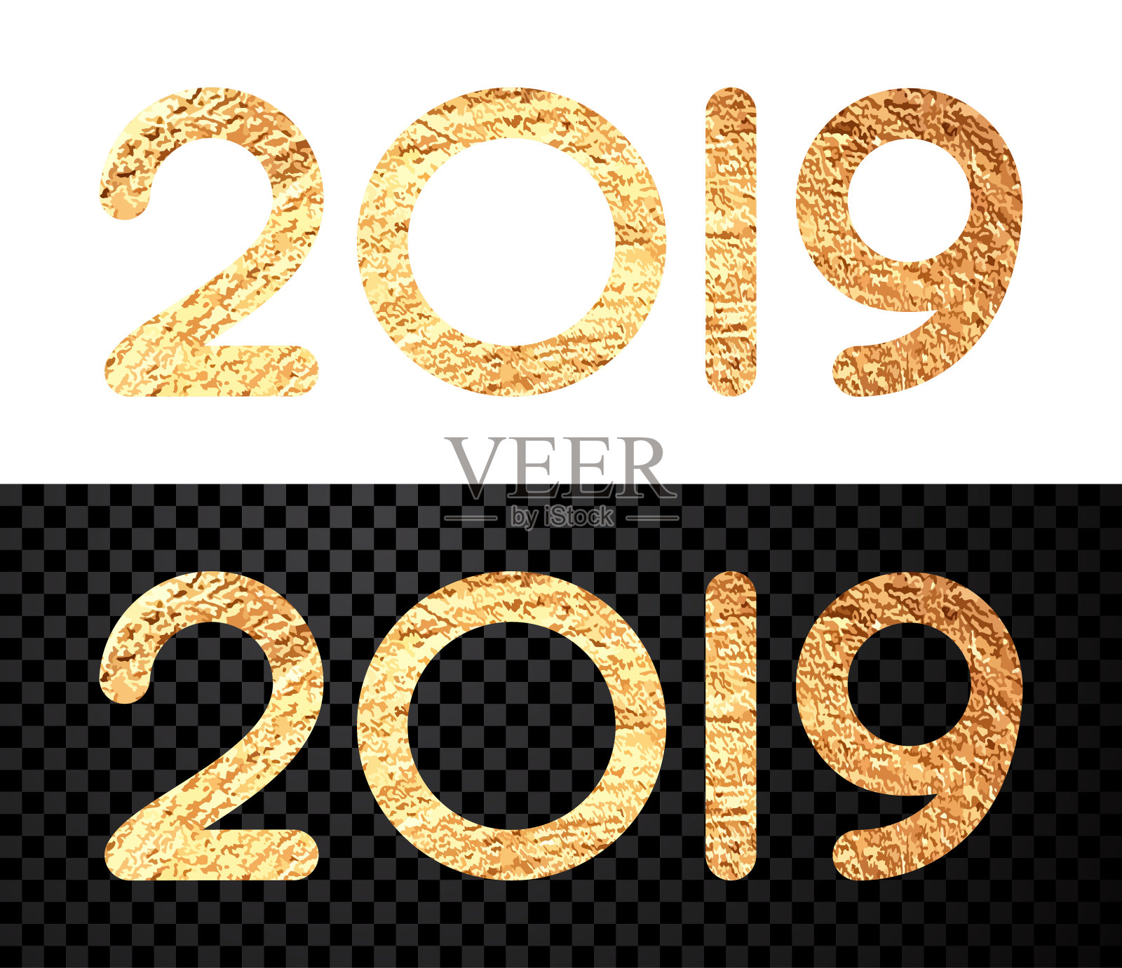 2019年新年标志，白色或透明背景上有金色数字。插画图片素材
