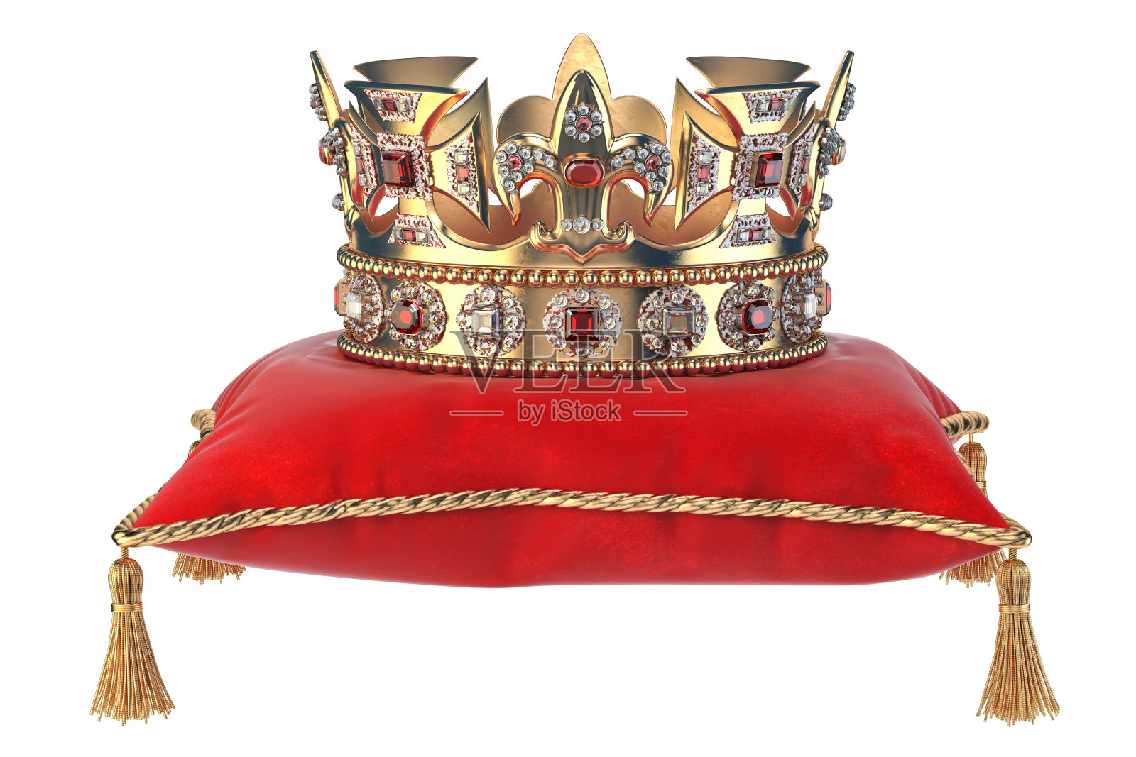 金色皇冠与珠宝在红色天鹅绒枕头加冕孤立在白色。照片摄影图片