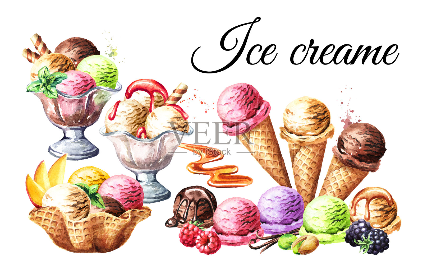 冰淇淋变型卡。水彩手绘插图，孤立的白色背景设计元素图片
