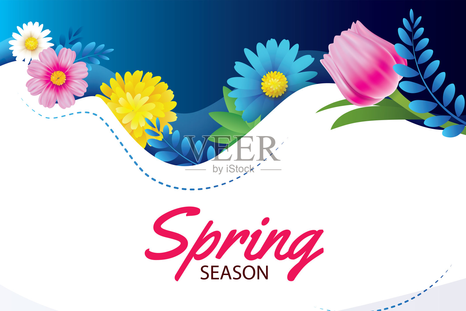 你好春天贺卡和邀请与盛开的鲜花背景模板。设计装饰，传单，海报，小册子，横幅。插画图片素材