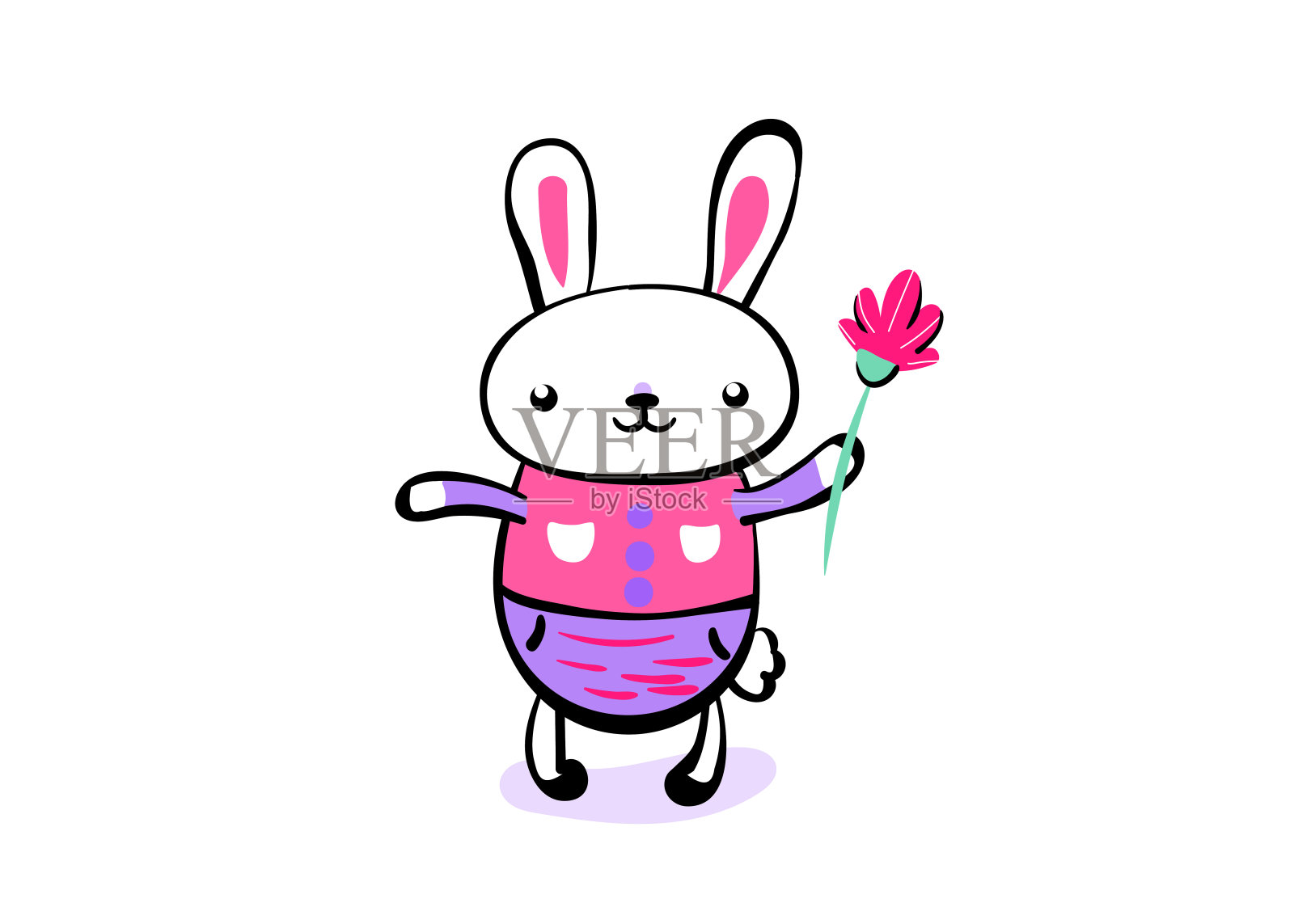 可爱的微笑可爱的复活节兔子保持花。复活节祝福背景快乐。矢量插图在手绘草图轮廓时髦的风格。孤立在白色背景下插画图片素材
