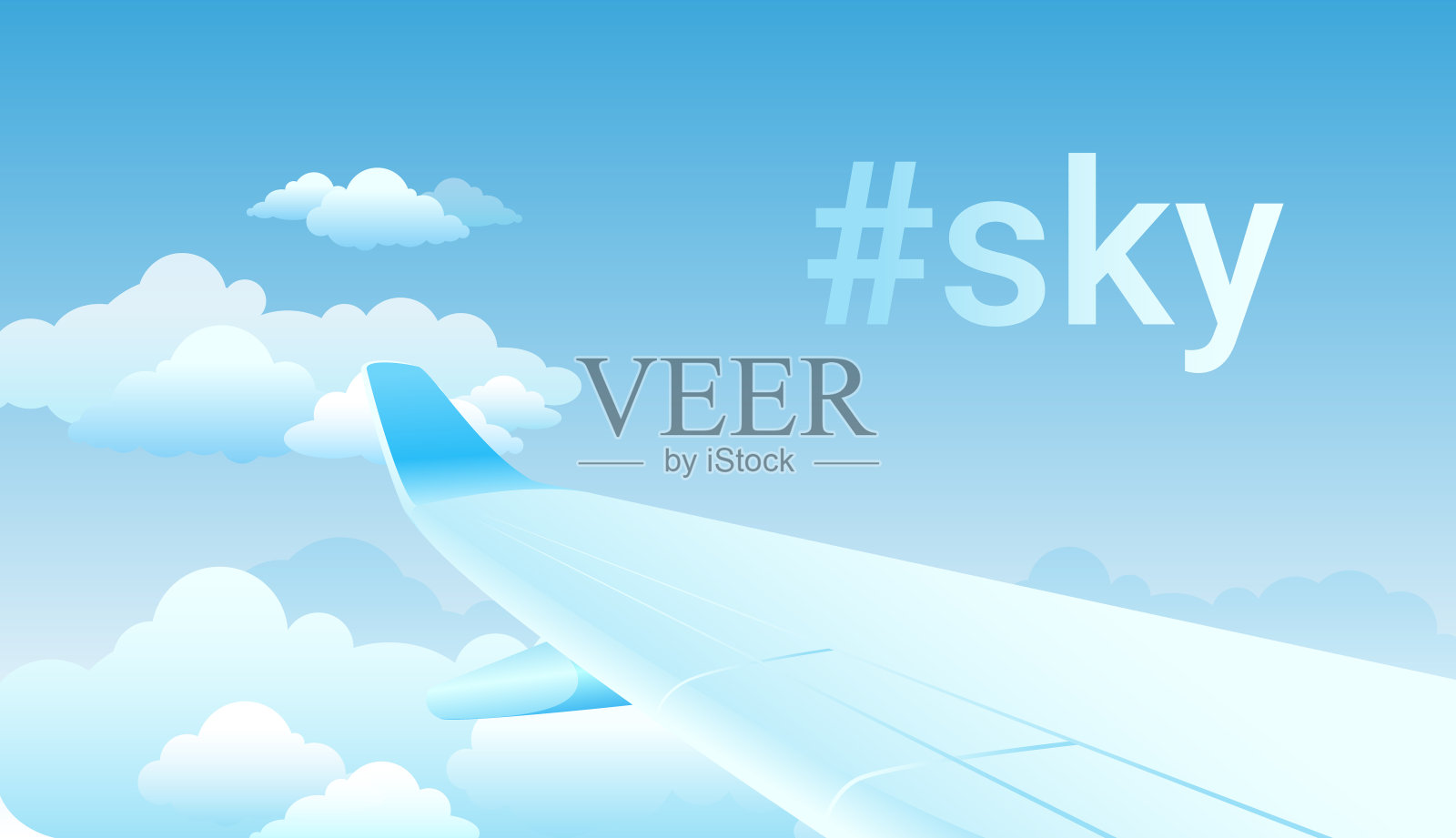 标签天空明亮的梯度矢量云景和飞机机翼在蓬松的云上面飞行的插图插画图片素材