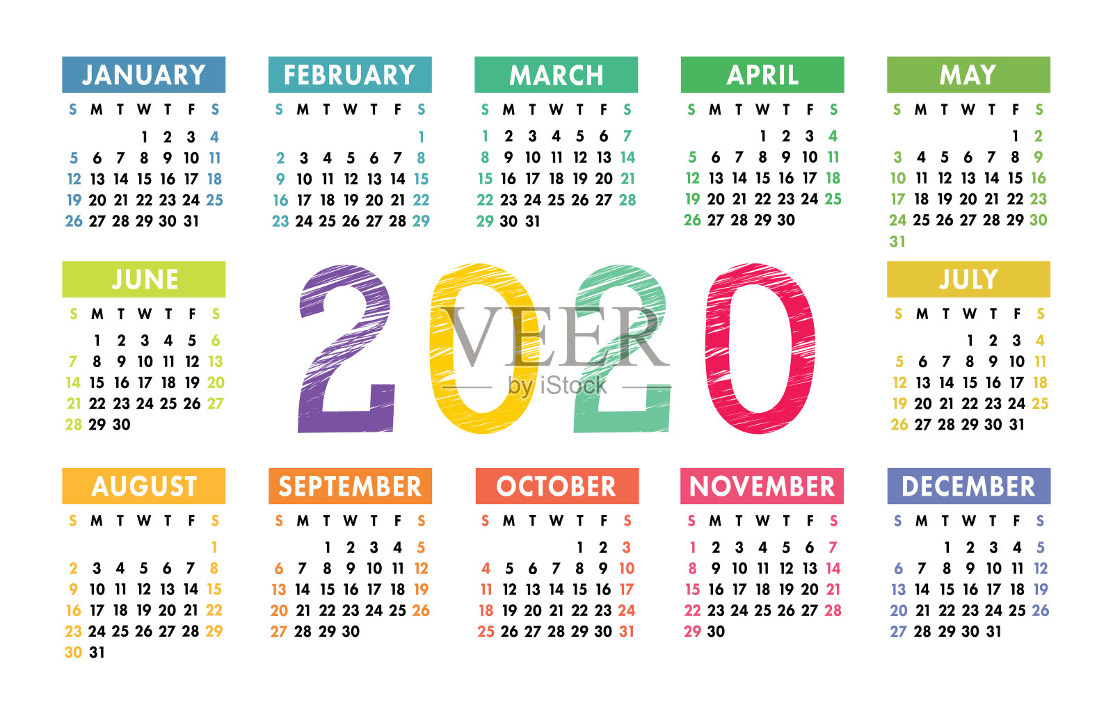 2020年日历矢量口袋基本网格。丰富多彩的设计模板设计模板素材