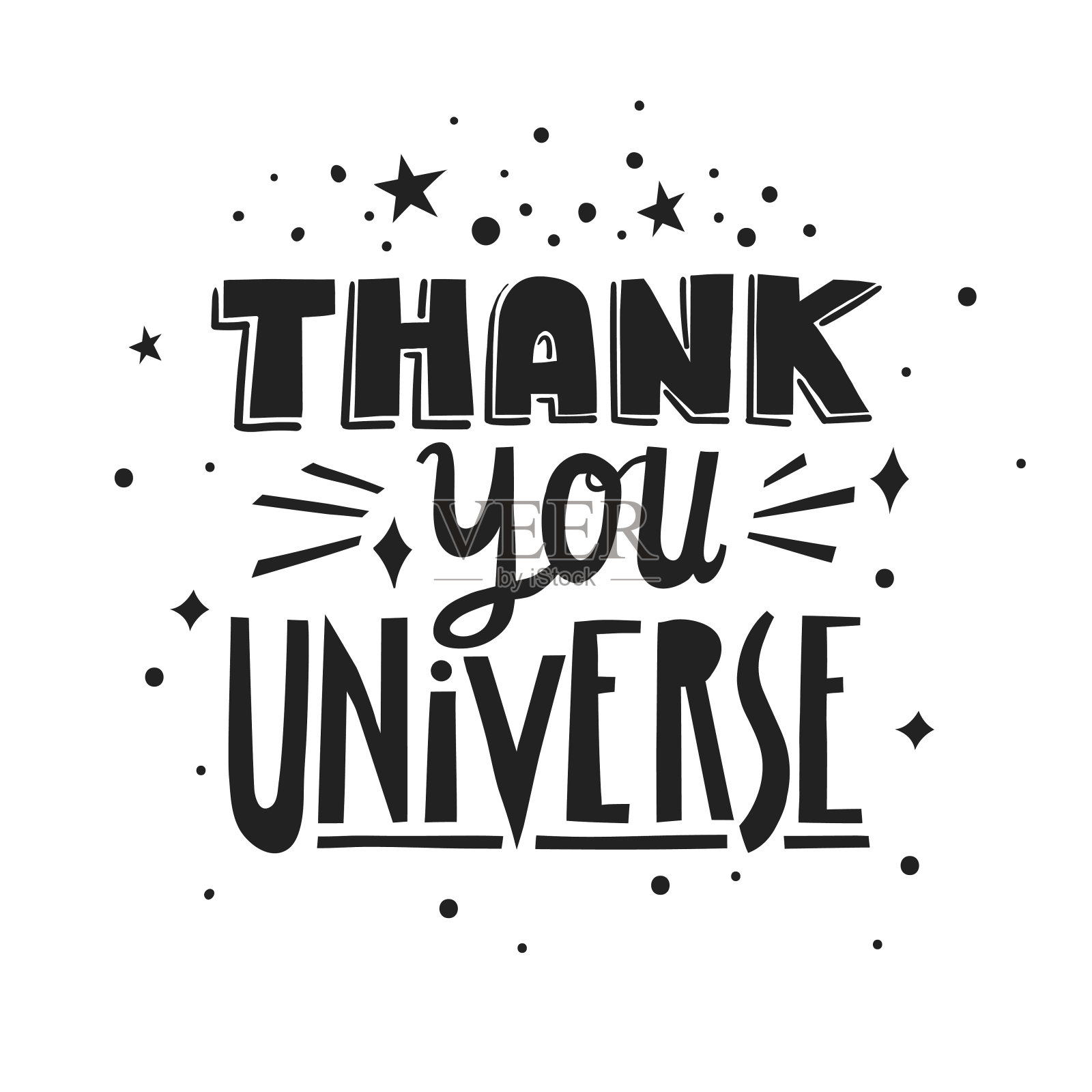 矢量手绘字母“感谢你的宇宙”由不同风格的字母组成。设计元素图片