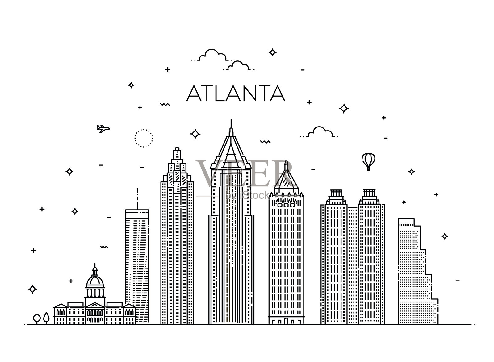 亚特兰大建筑线天际线插图。线性向量的城市景观与著名的地标插画图片素材