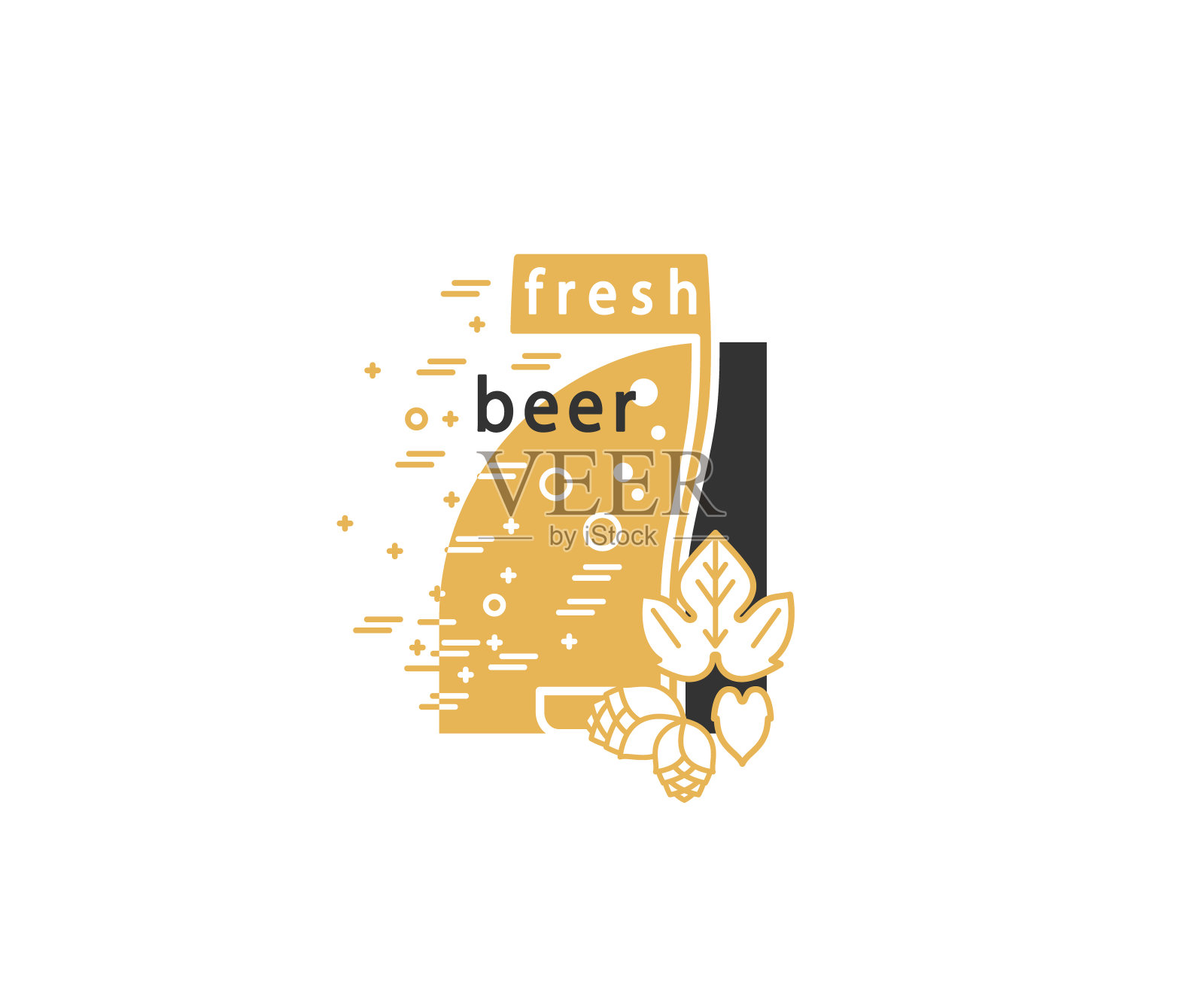 啤酒杯和啤酒花。精酿啤酒与酿造原料。插图为啤酒厂，酒吧，酒吧，餐厅。现代线条风格中的图标、标志、符号。插画图片素材