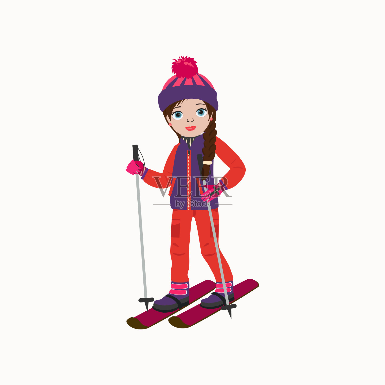 穿着冬衣，手里拿着滑雪板的女孩。插画图片素材