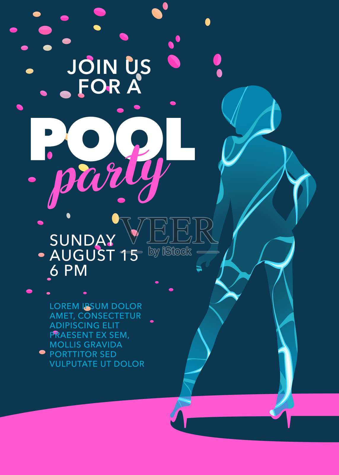 泳池派对海报与女孩矢量插图设计模板素材