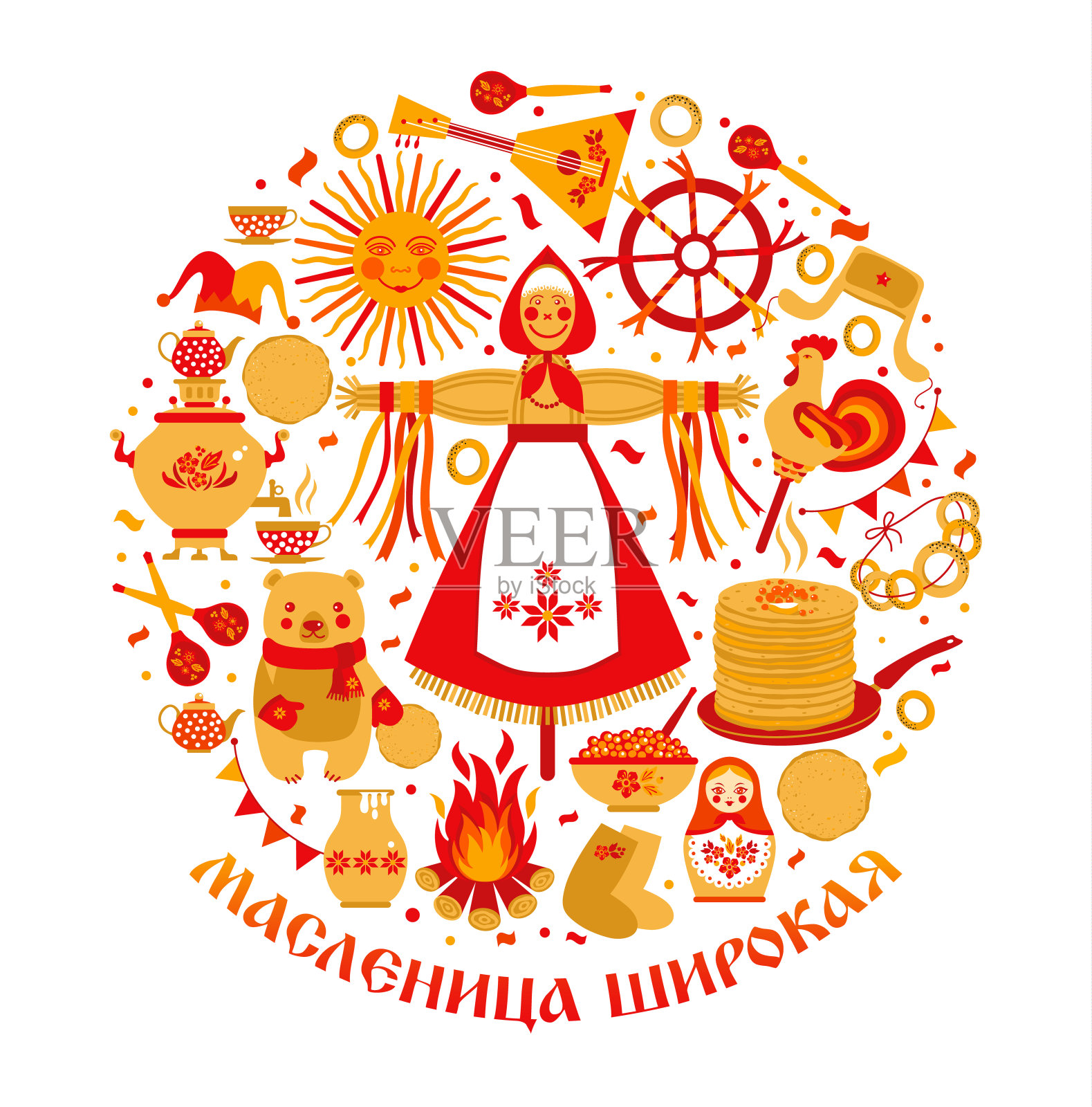 矢量设定的主题为俄罗斯节日嘉年华。俄文翻译宽Shrovetide或Maslenitsa。插画图片素材