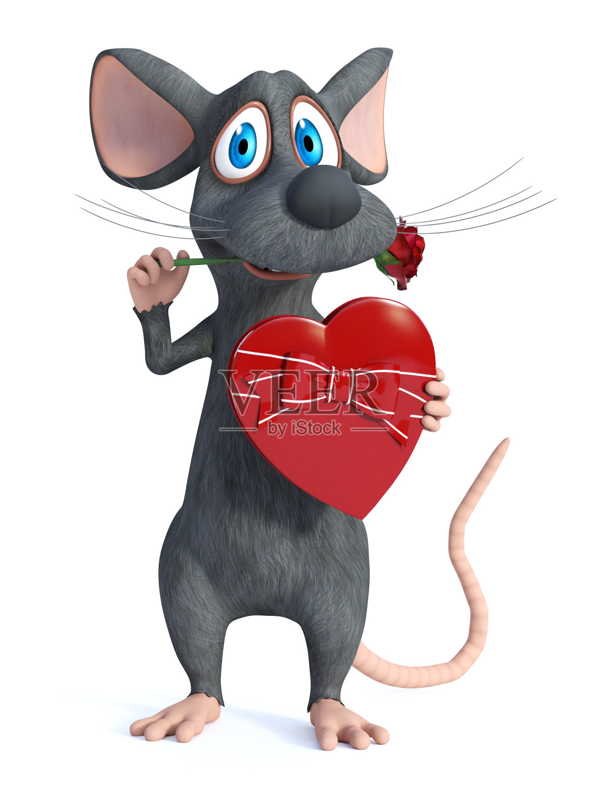 一个卡通老鼠的3D渲染是浪漫的。照片摄影图片